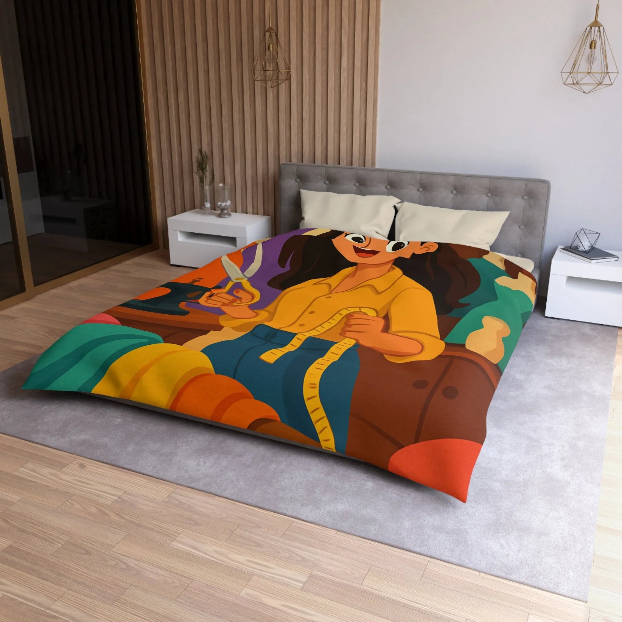 Housse de couette colorée avec motifs de couturière, outils et mannequins élégants