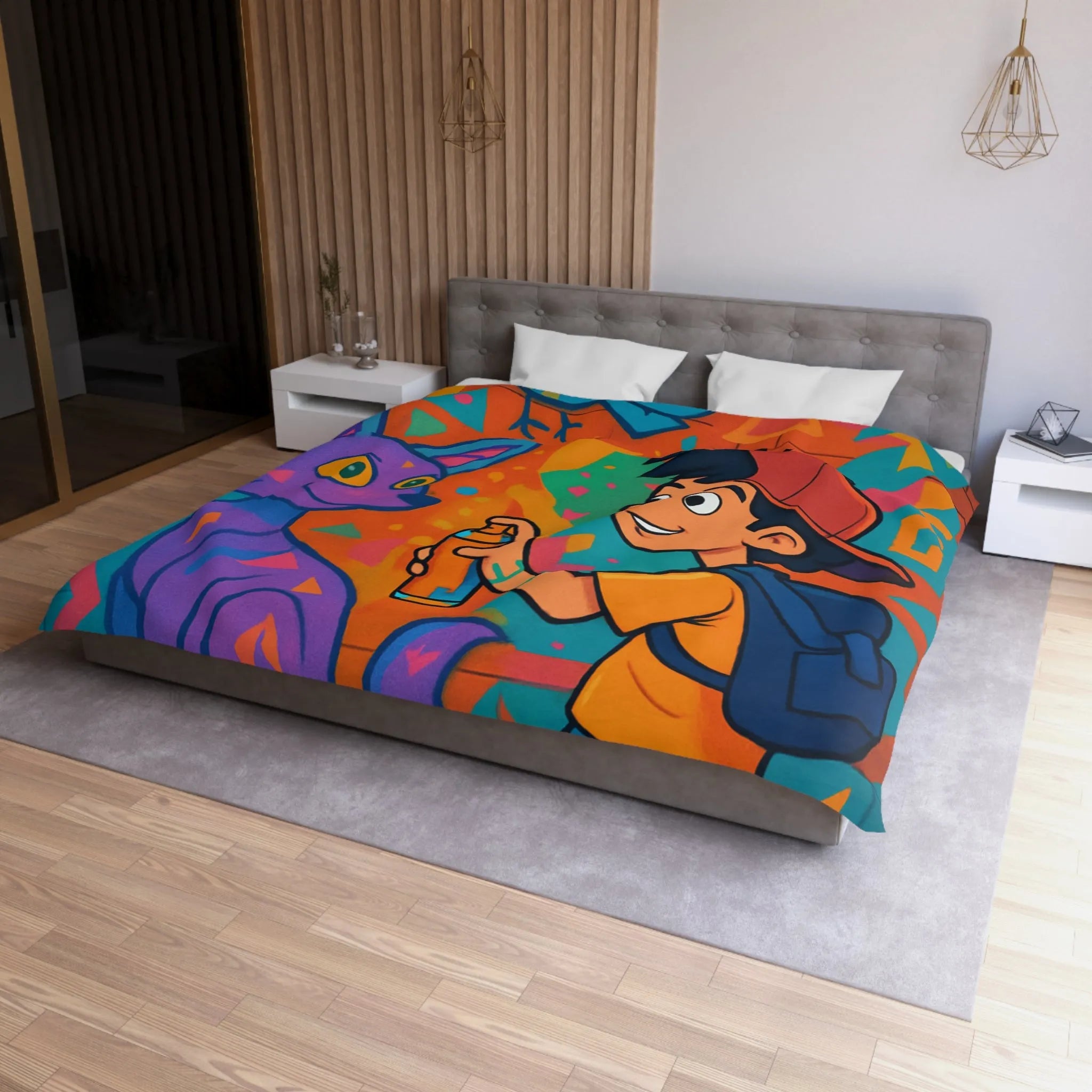 Housse de couette colorée pour enfant avec motifs graffiti et animaux urbains
