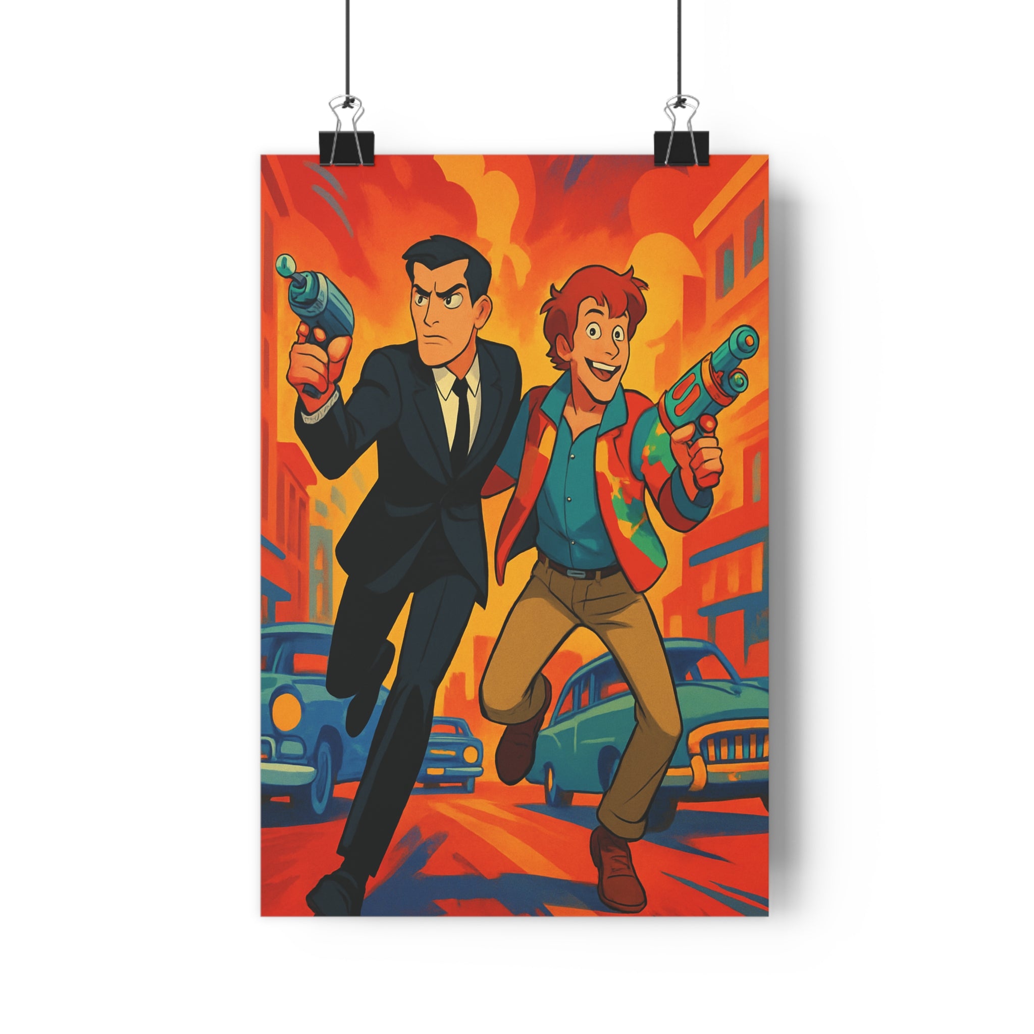 Poster décoratif dynamique rouge orange aventure moderne salon chambre action art rue élégance contrastes