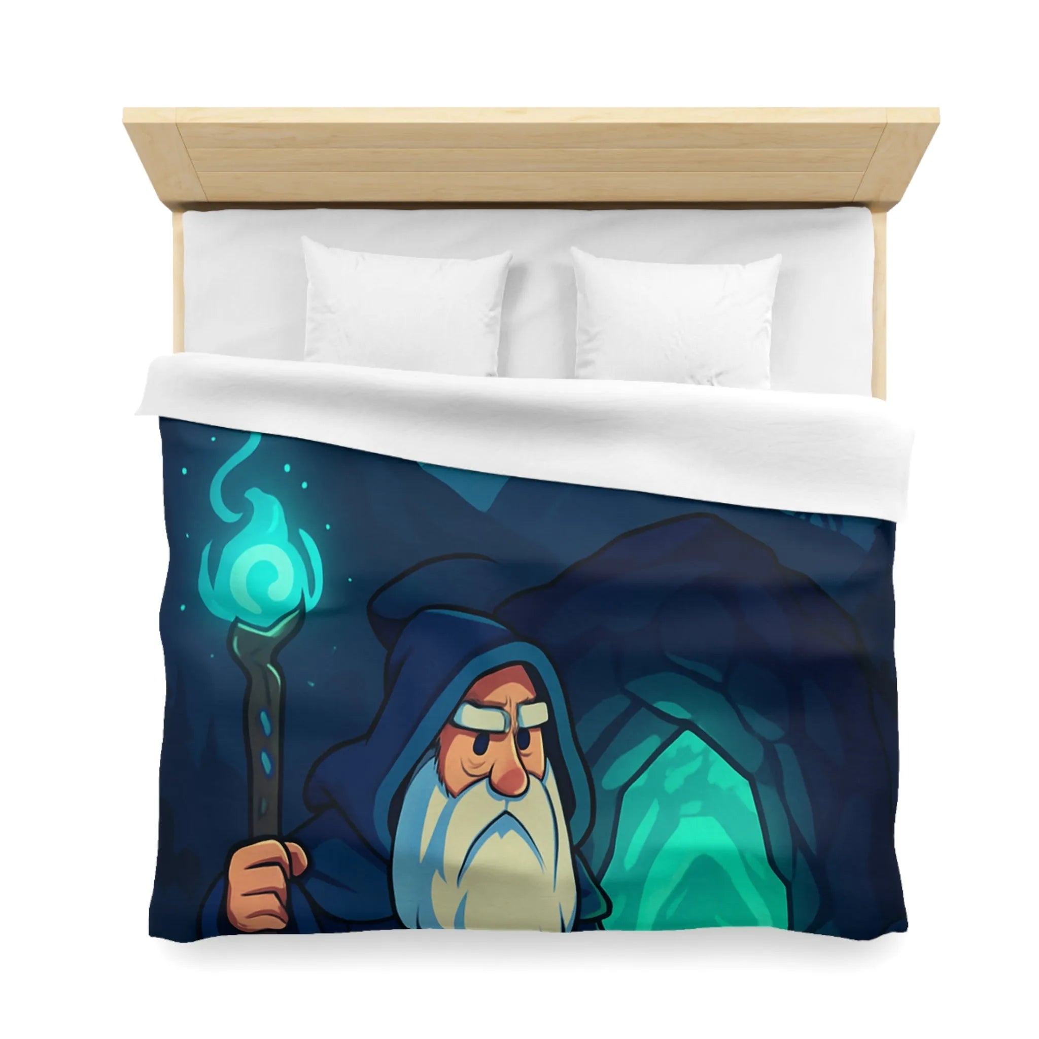 Housse de couette avec illustration de sorcier sous une aurore boréale et pleine lune