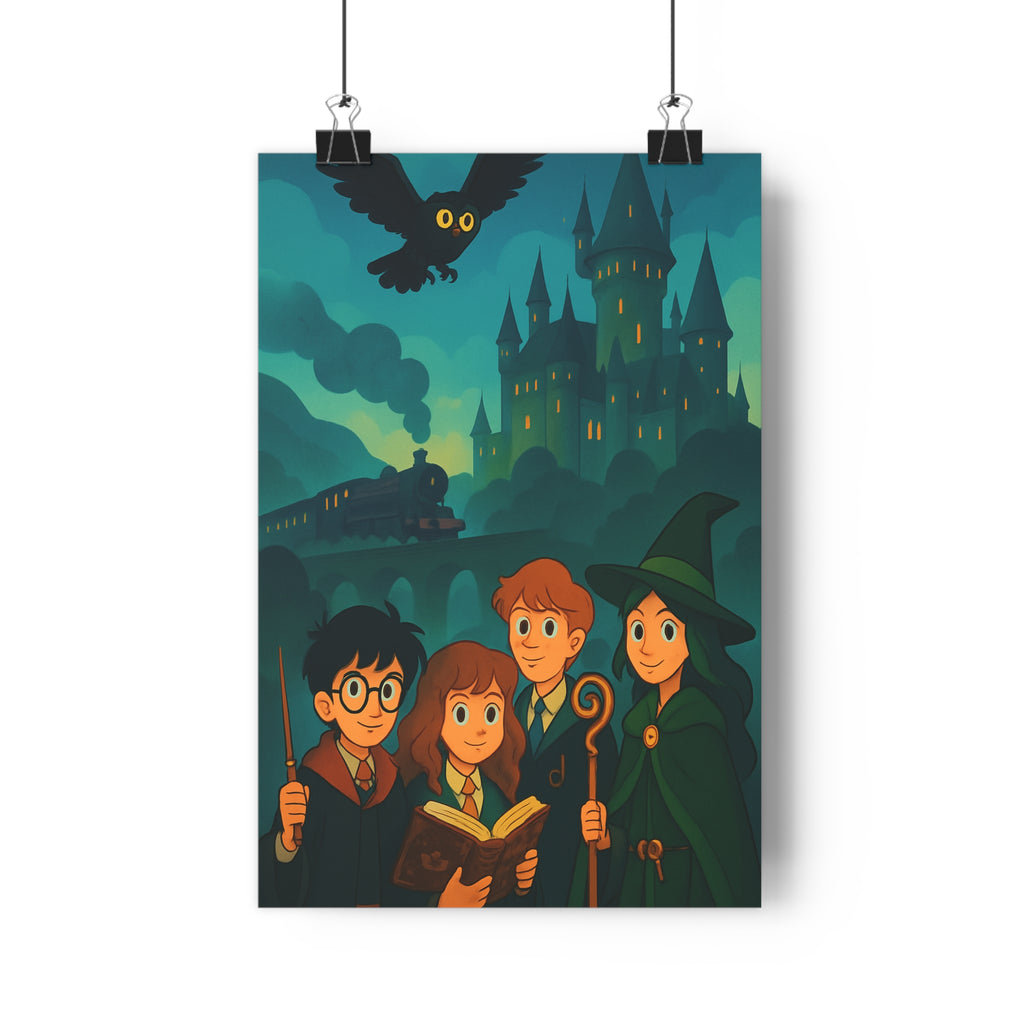 Poster décoratif mystique château sorcier magique aventure bleu noir chambre enfant fantastique hibou qualité