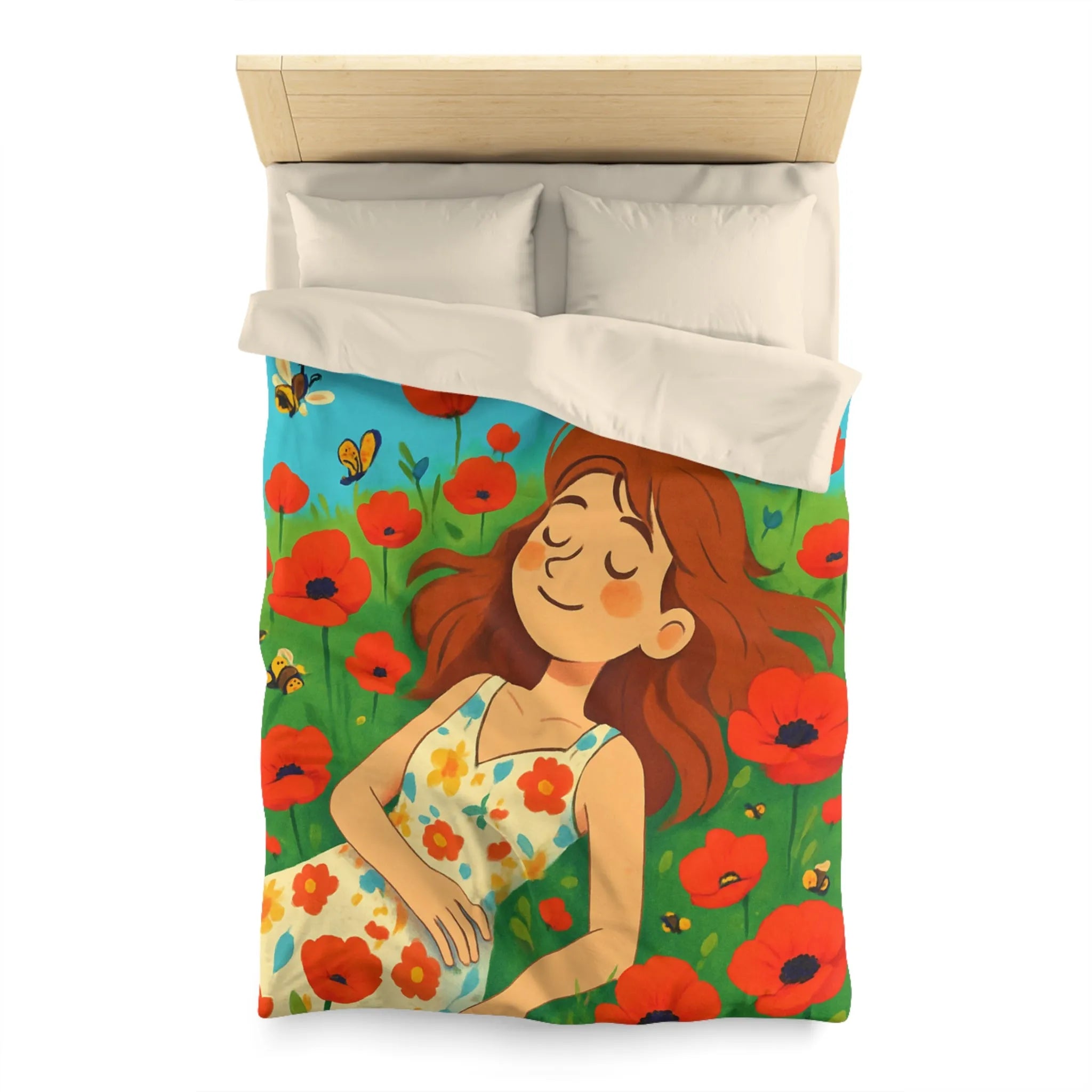 Housse de couette colorée avec motif floral et personnage rêveur en été ensoleillé