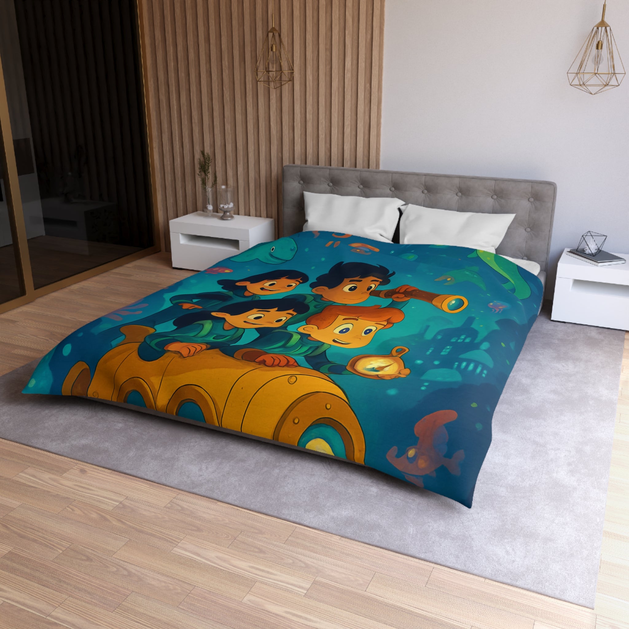 Housse de couette sous-marine avec enfants explorateurs et animaux marins joyeux