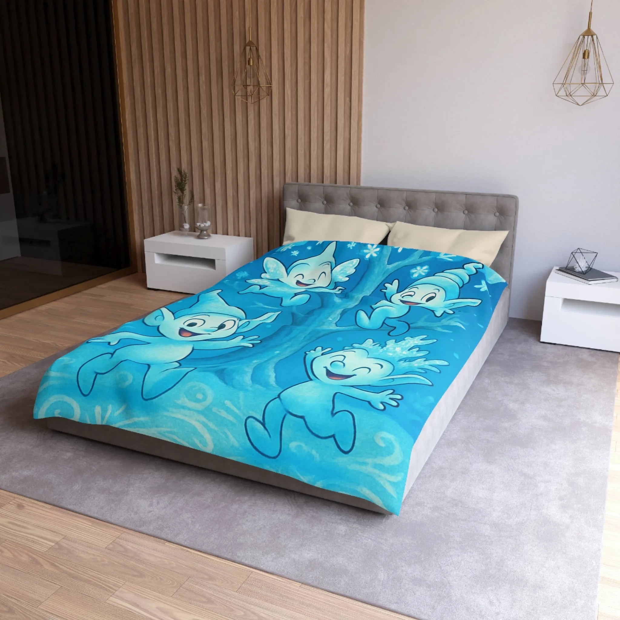 Housse de couette féerique avec lutins bleus dans forêt enchantée hivernale et magique