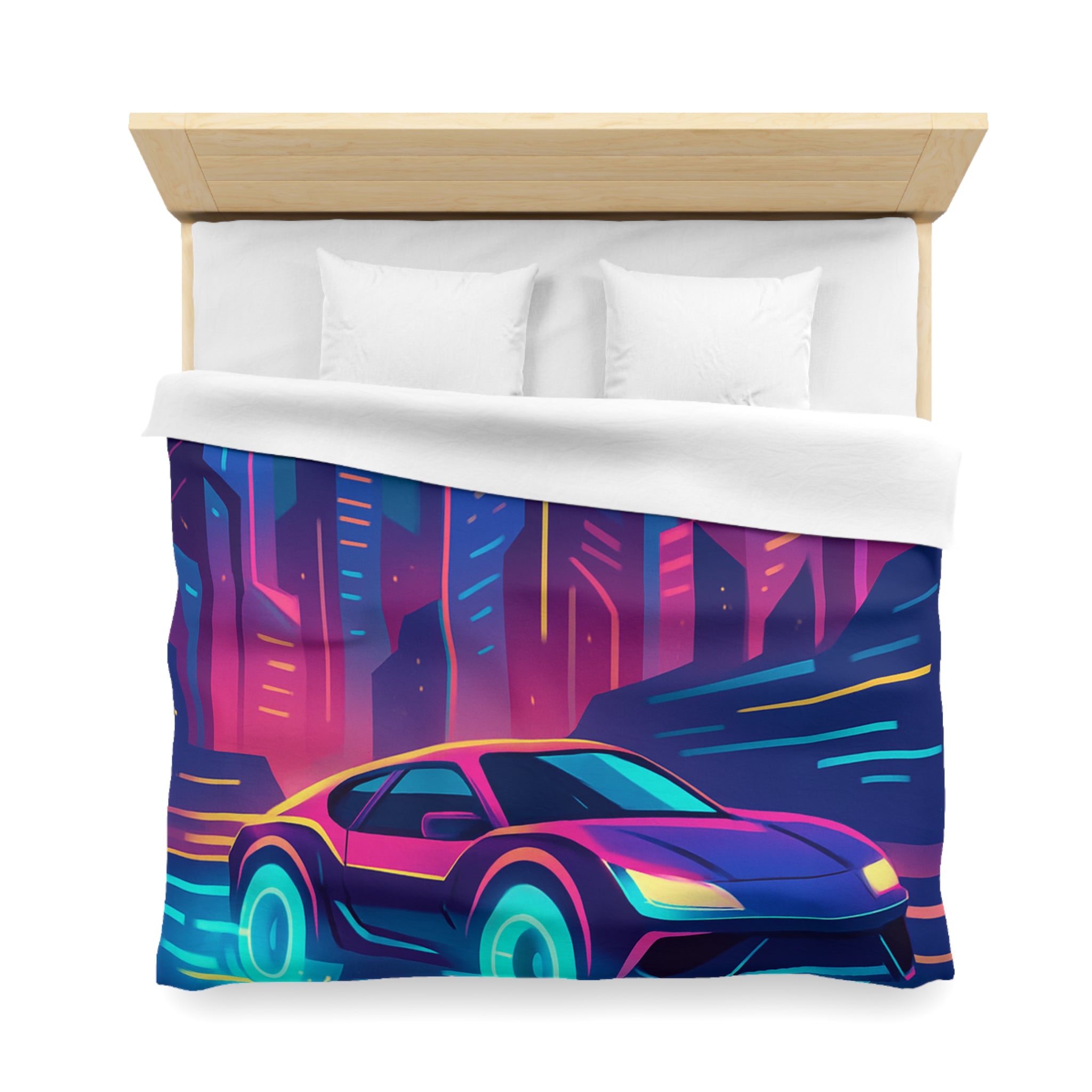 Parure de lit futuriste avec voiture néon sous lune pleine en ville vibrante