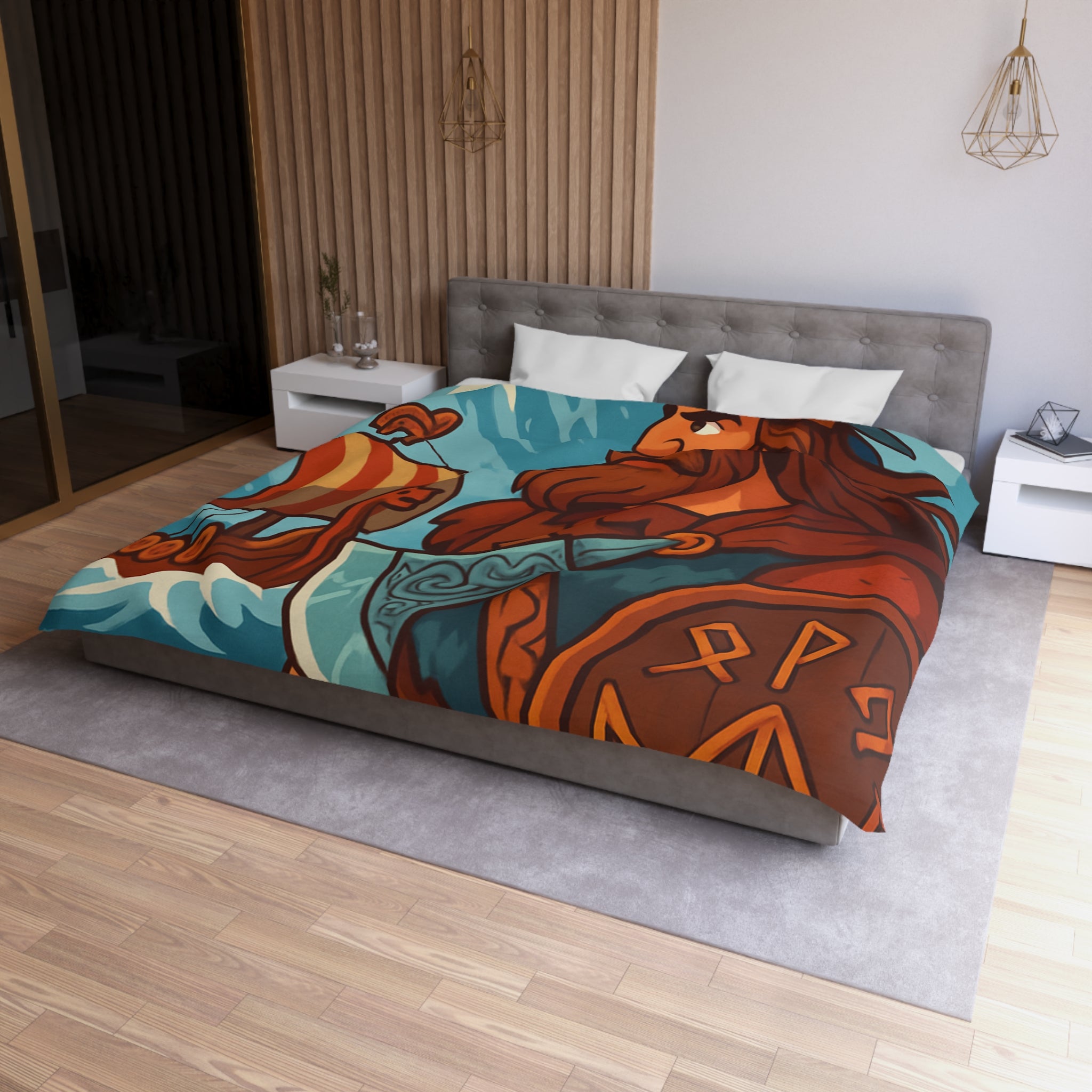 Housse de couette viking avec guerrier, montagne, navire, mer, motifs runiques