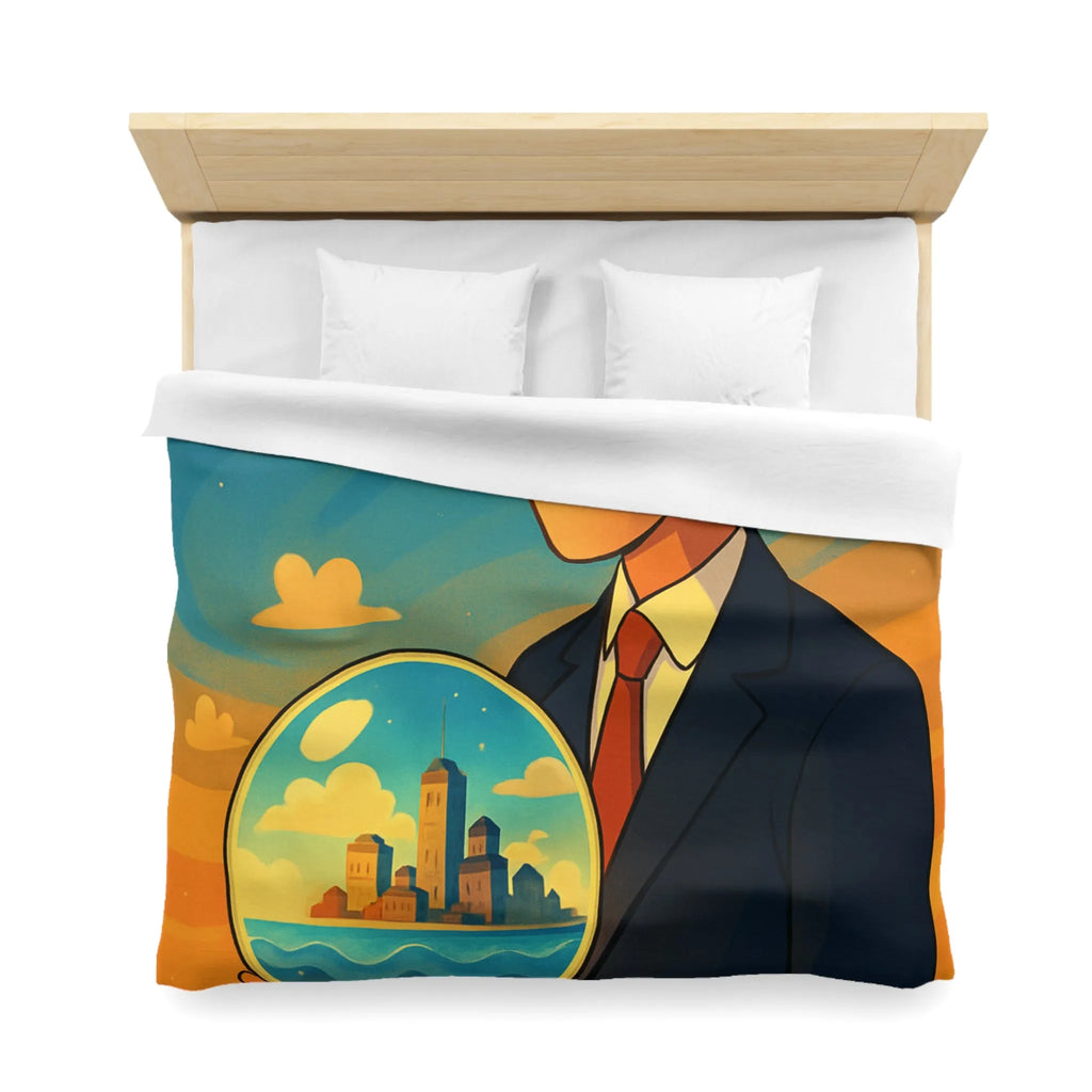 Housse de couette avec illustration surréaliste d'un homme tenant une sphère magique
