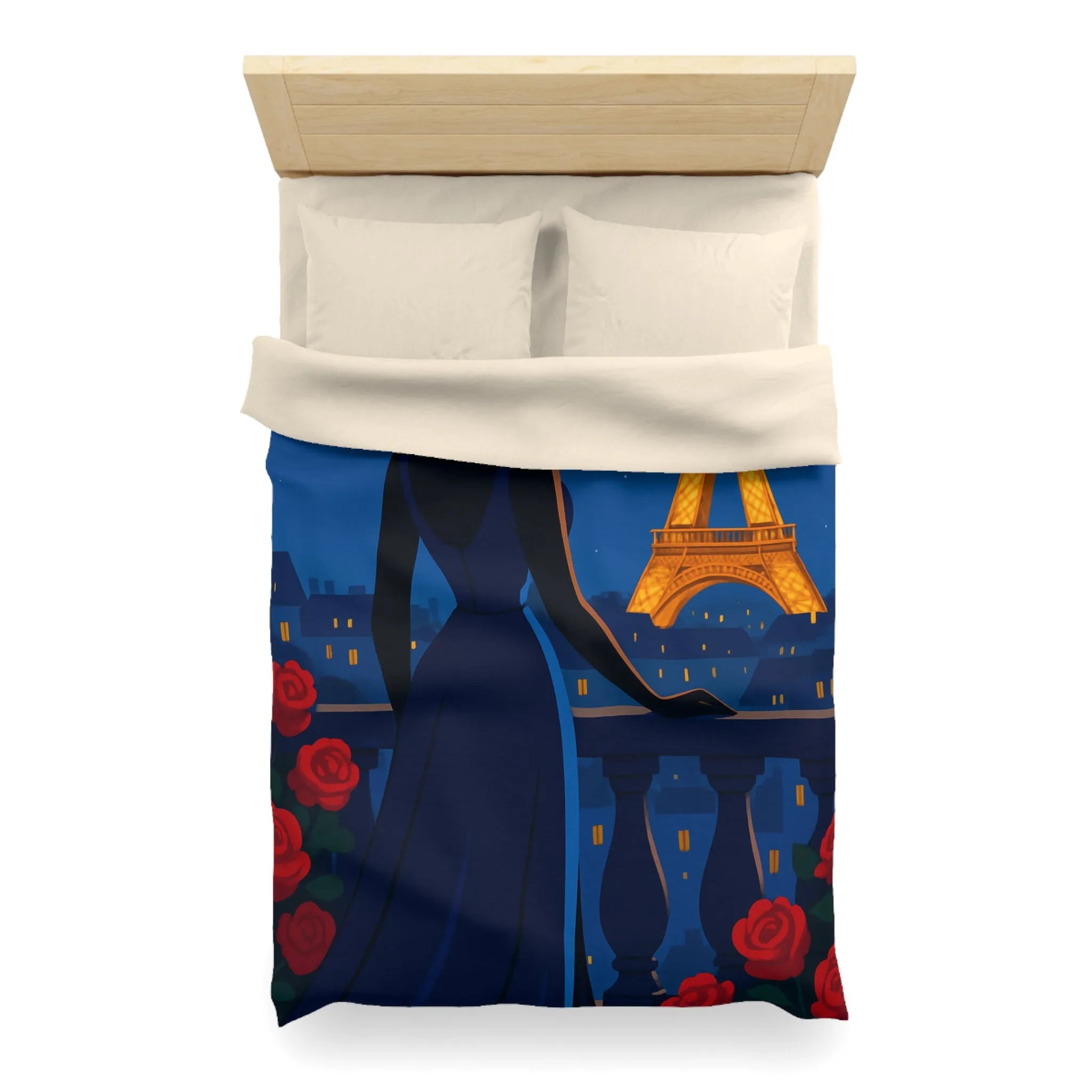 Housse de couette élégante avec vue nocturne sur Paris et roses rouges vibrantes