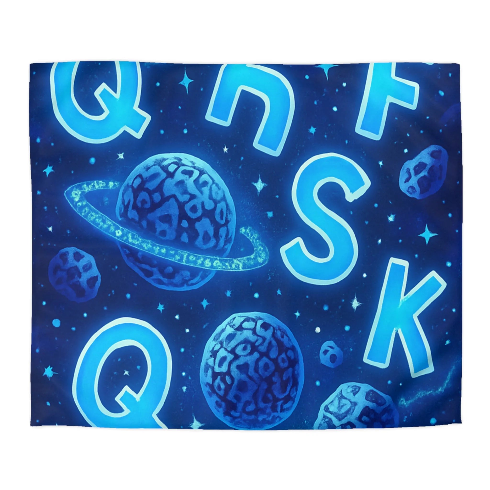 Alphabet bleuté interstellaire sur housse de couette planètes et étoiles pour décoration spatiale