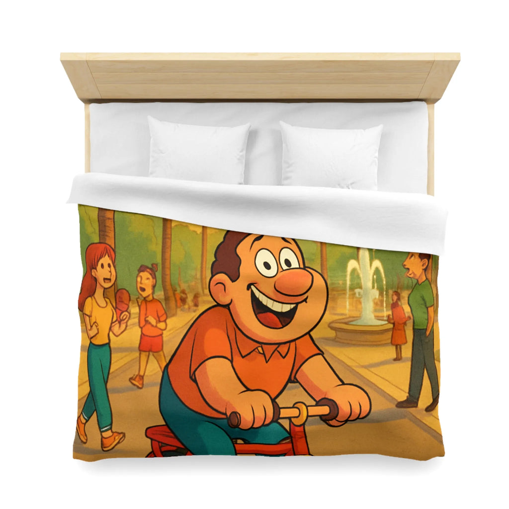 Housse de Couette Cartoon Joyeuse avec Cycliste dans un Parc Tropical et Fontaine