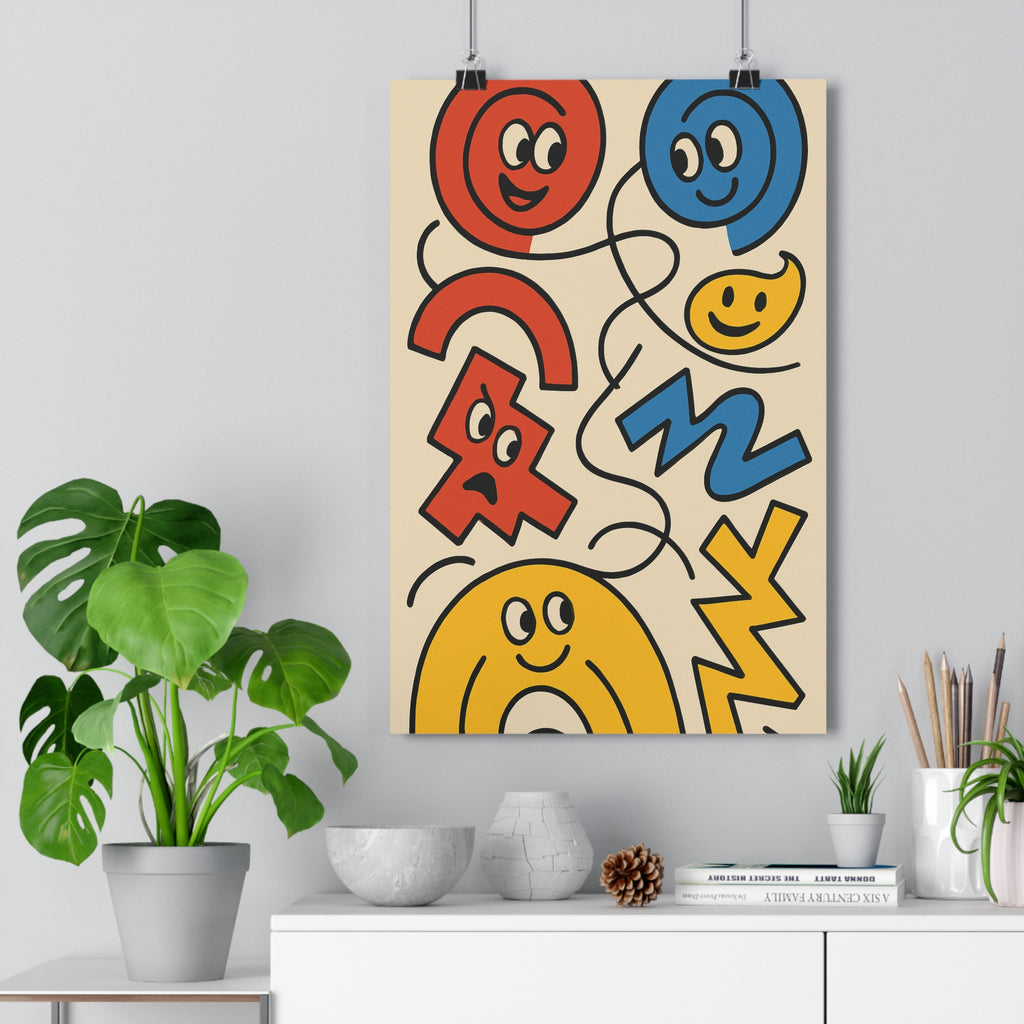 Poster décoratif moderne abstrait rouge bleu jaune formes géométriques ludique salon chambre dynamique ambiance