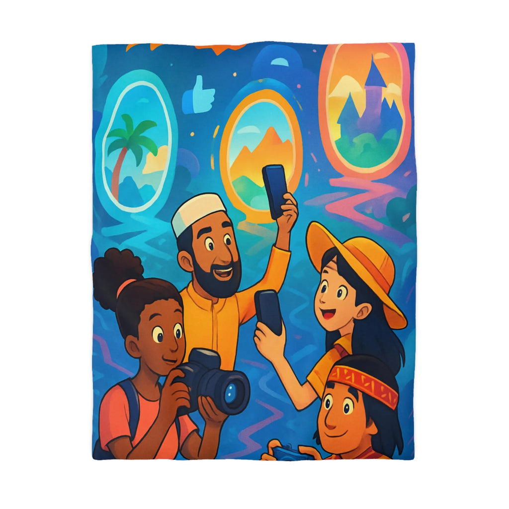 Housse de Couette Illustrée avec Voyageurs et Portails Colorés Scènarisant Destinations de Rêve