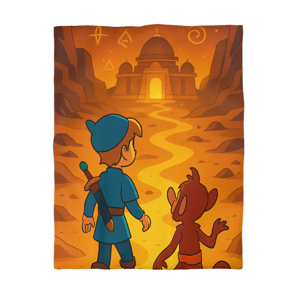 Housse de Couette Aventure Épique Enfantine avec Enfant et Singe dans Désert Mystique