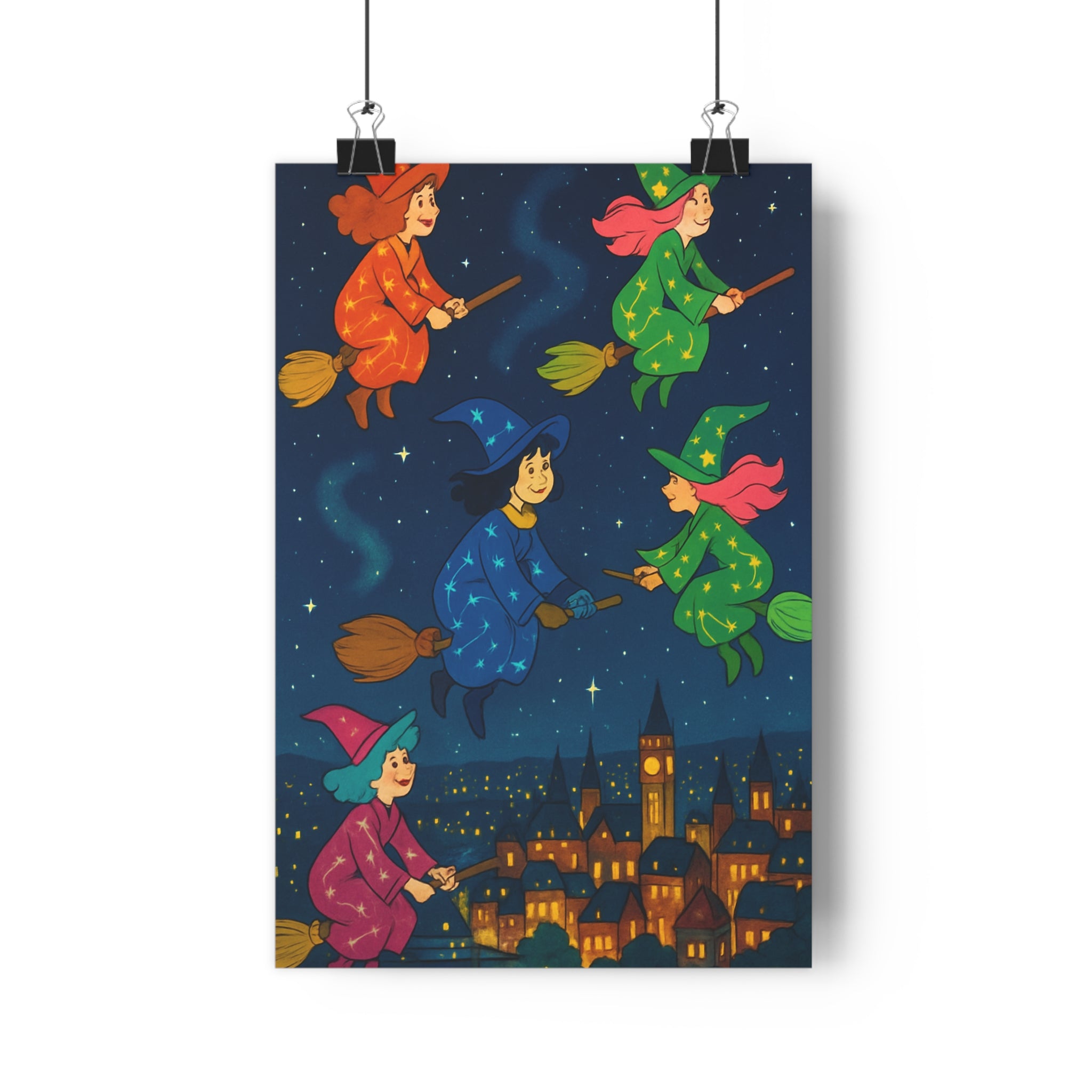 Poster décoratif magique sorcières volantes ciel étoilé mystique enfant chambre 30x46 ambiance colorée cosmique