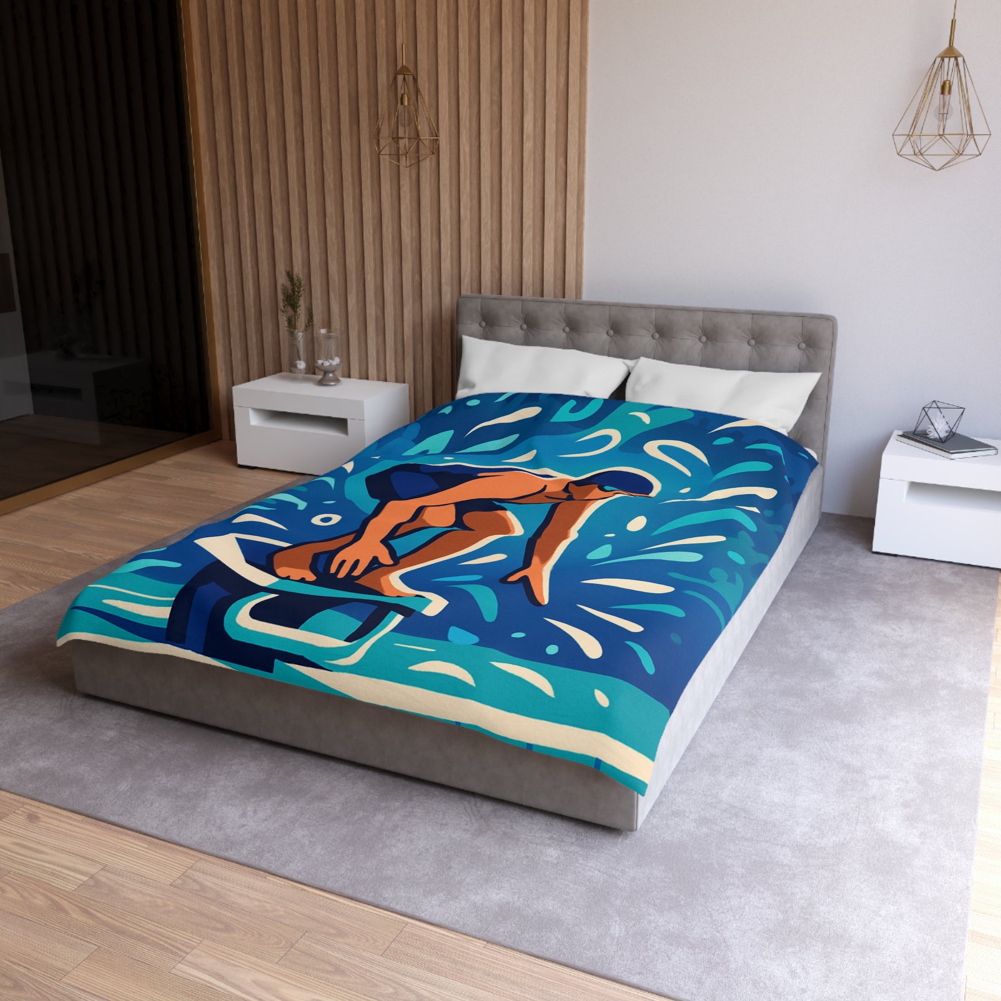 Housse de couette vibrante avec nageur prêt à plonger dans une piscine dynamique