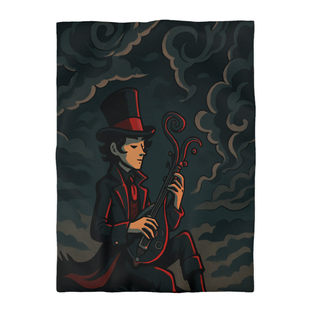 Mystérieuse silhouette avec chapeau haut-de-forme jouant d'un luth sous ciel orageux nocturne