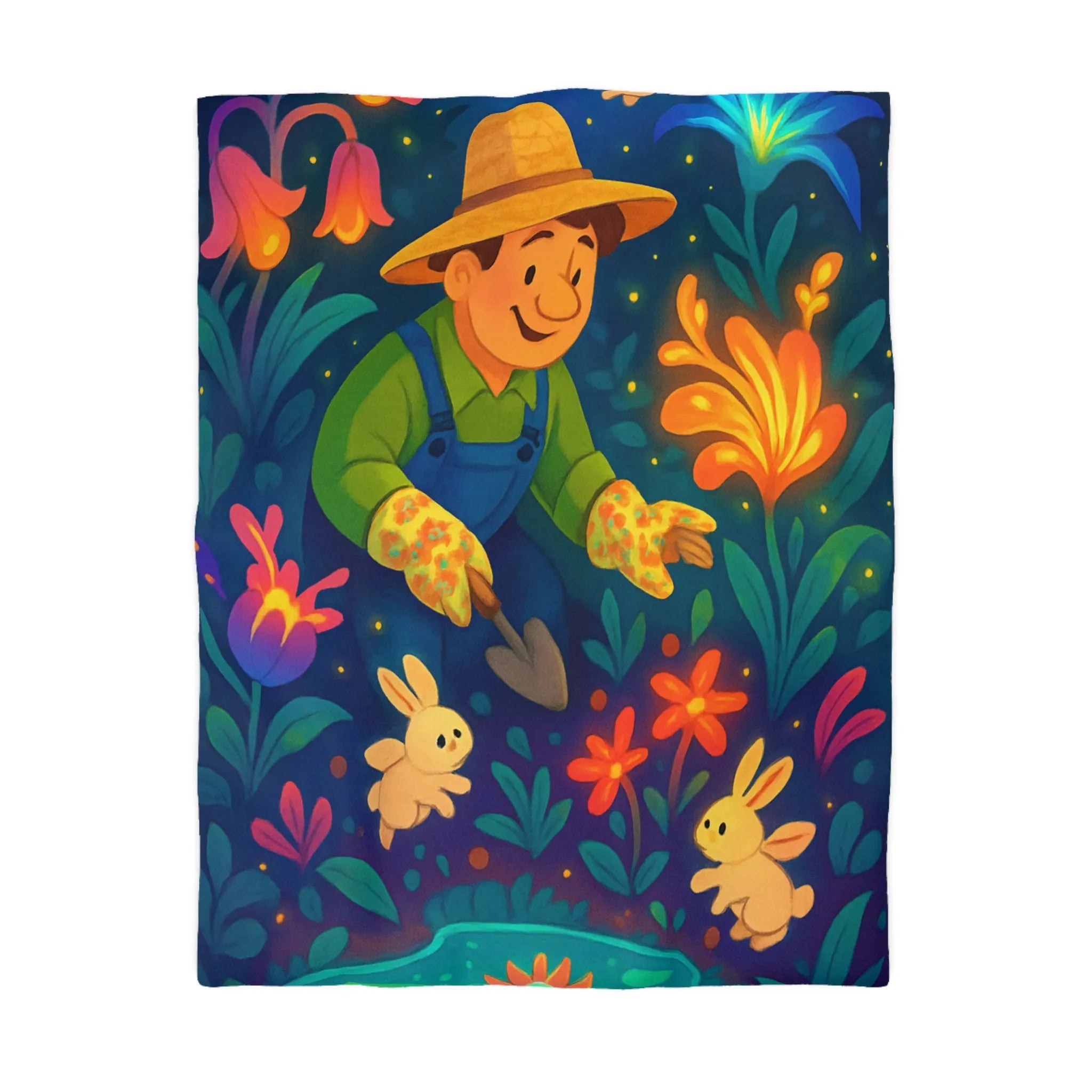 Découvrez la magie au jardin nocturne avec lapins et fleur de nénuphar lumineuse