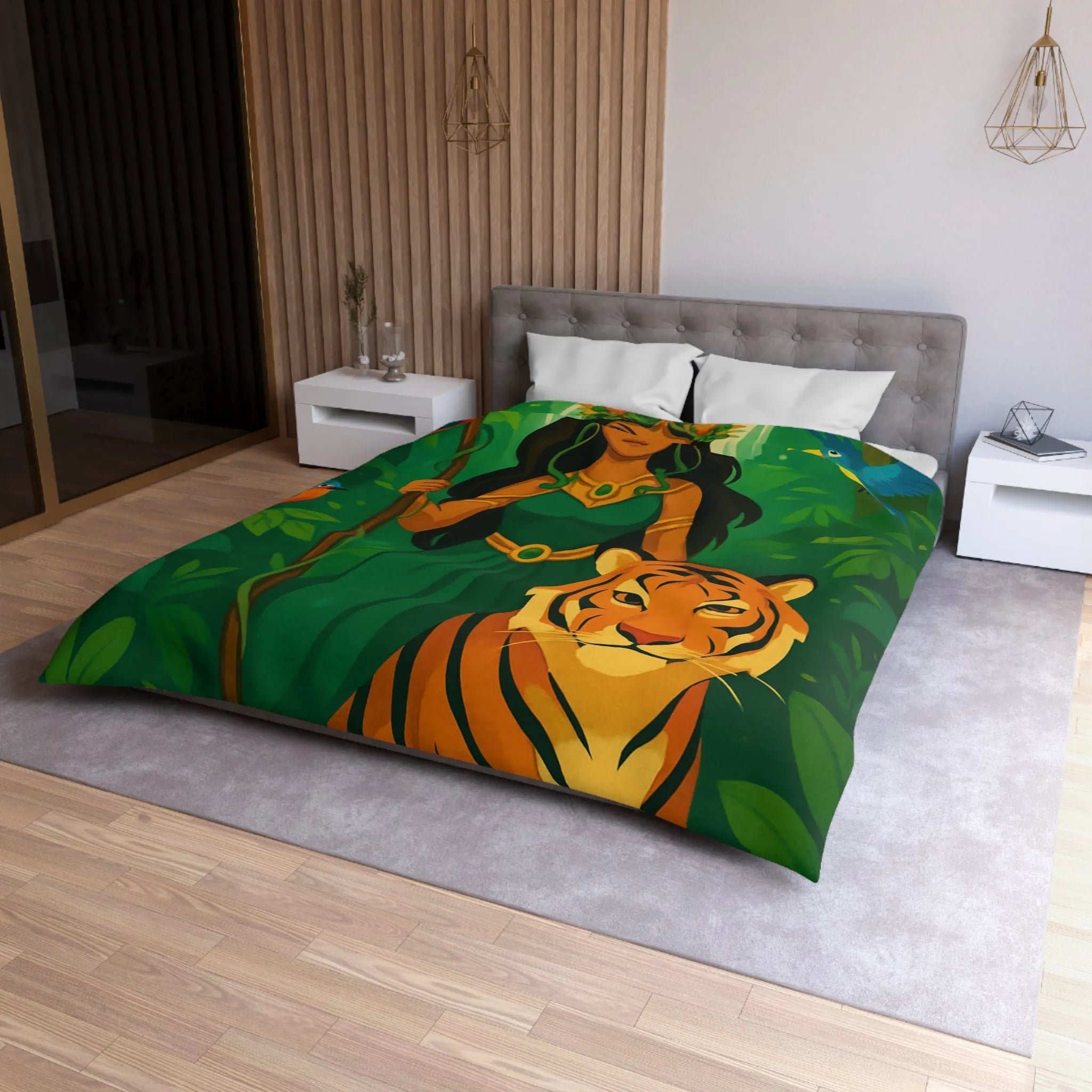 Housse de couette exotique avec tigre royal et gardienne mystique en forêt luxuriante