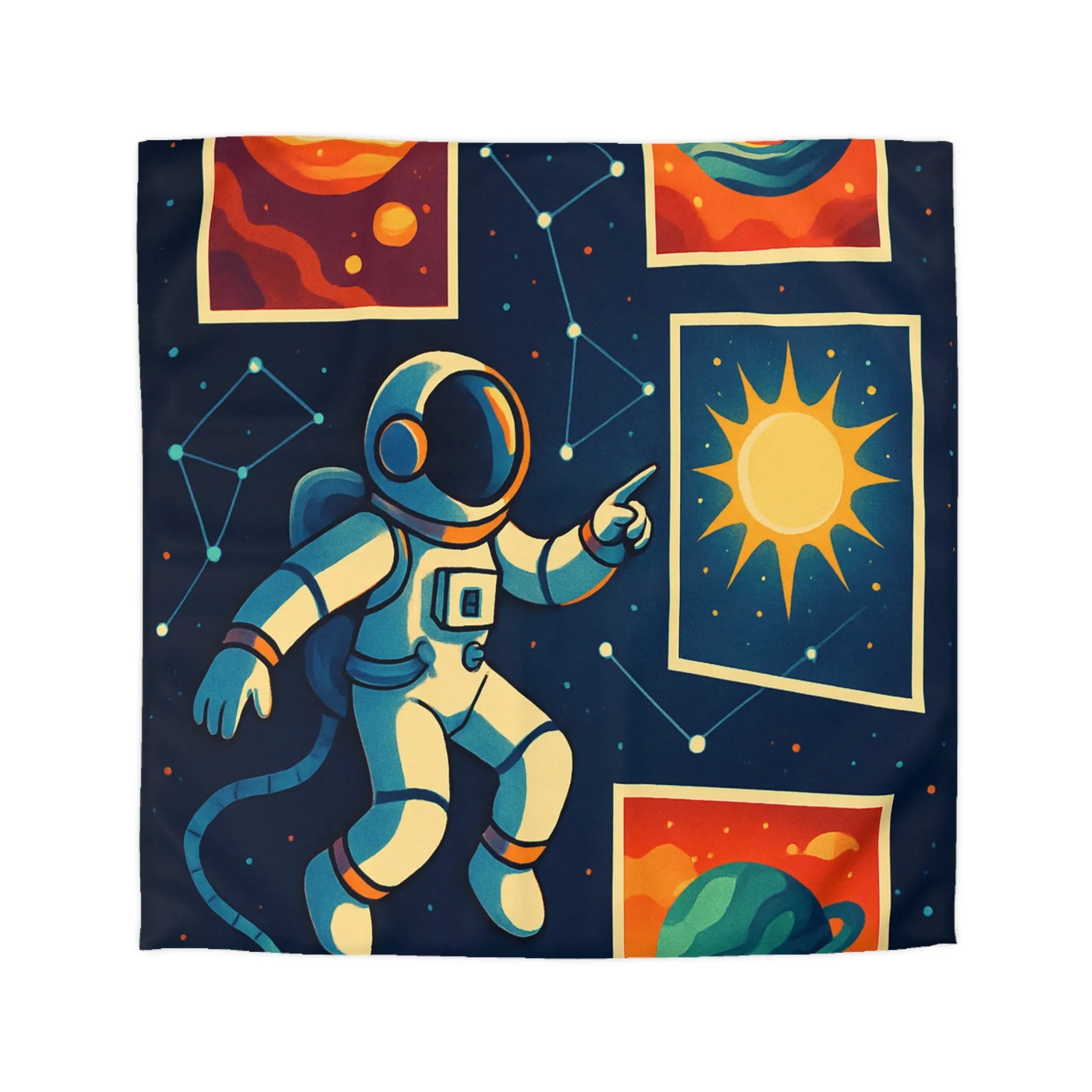 Housse de Couette Espace: Astronaute Flottant parmi Planètes et Constellations, Nuit Étoilée