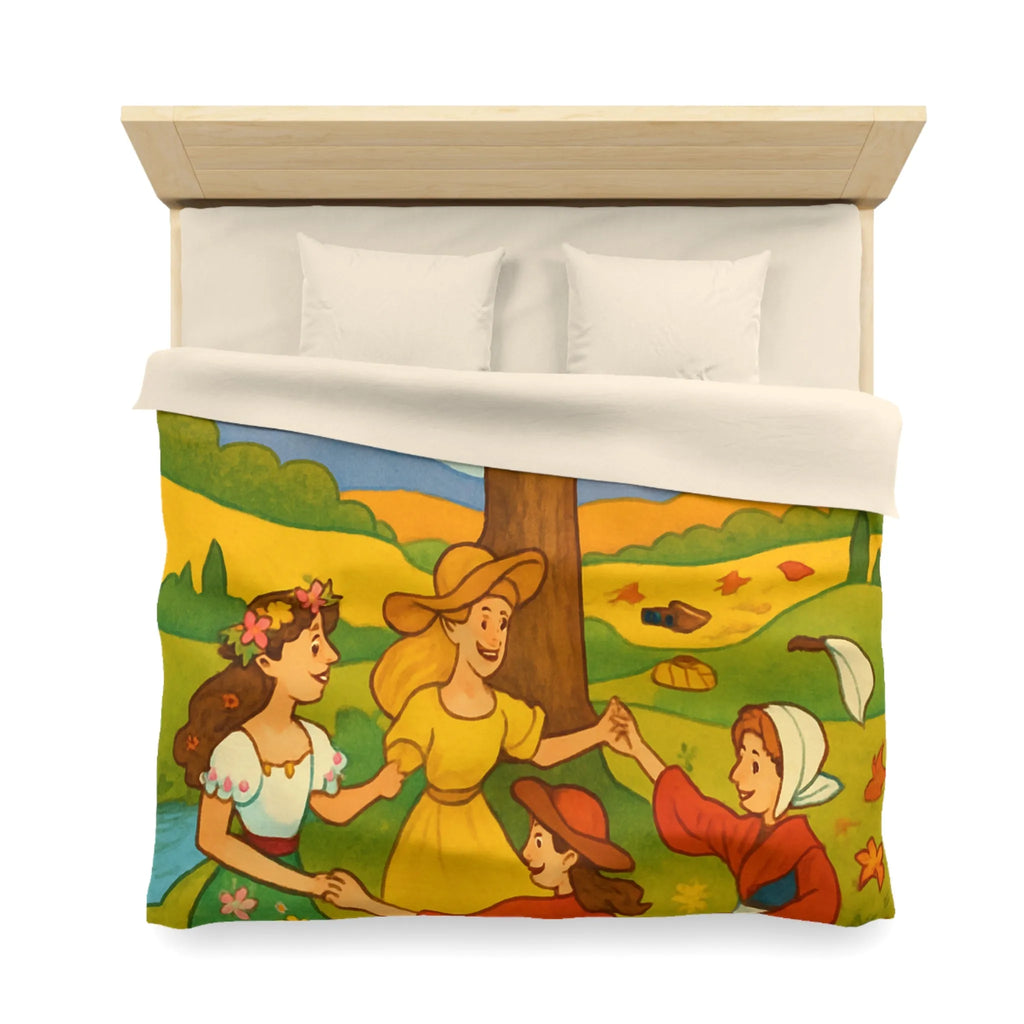 Housse de couette champêtre aux motifs de danseuses rondes et paysage bucolique coloré