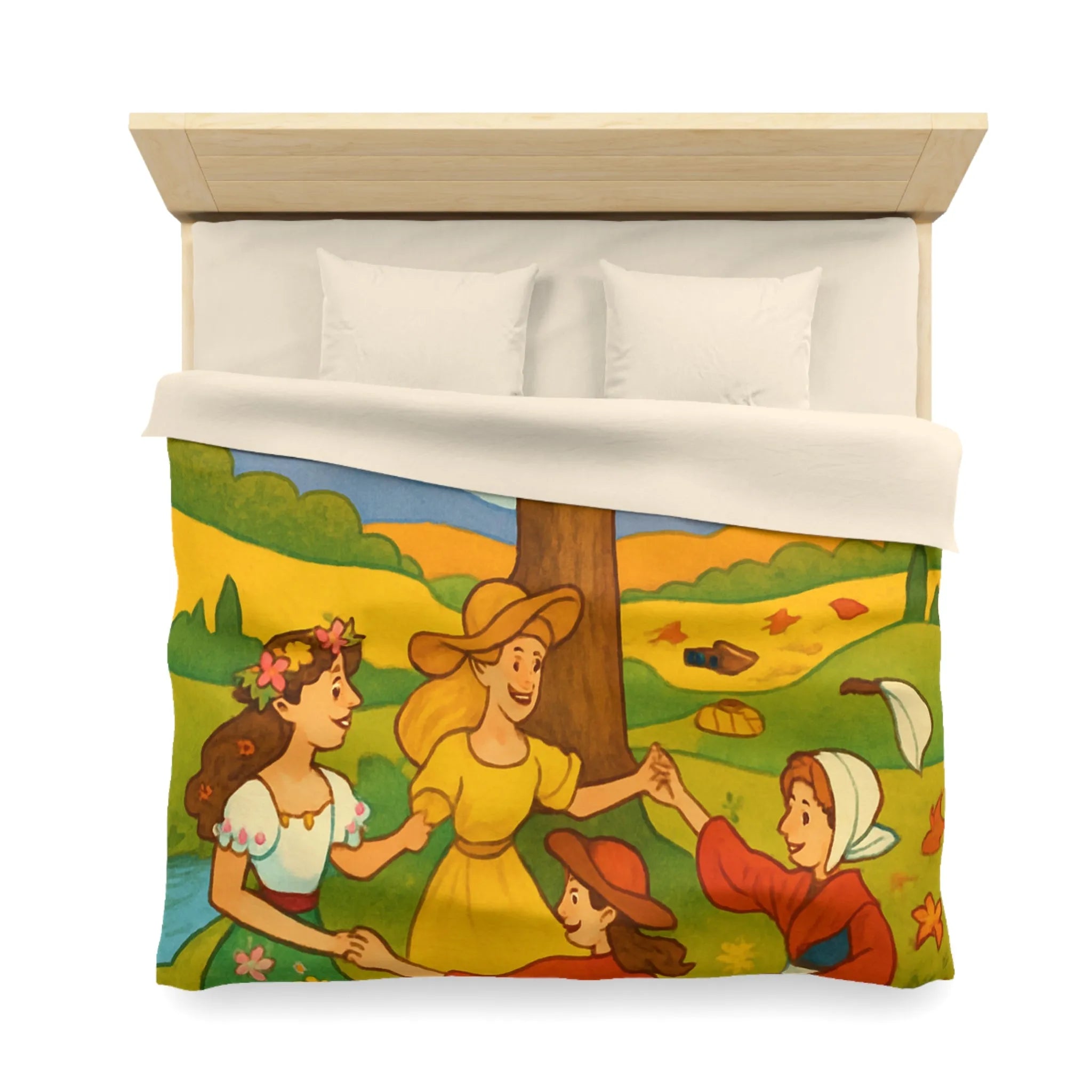 Housse de couette champêtre aux motifs de danseuses rondes et paysage bucolique coloré