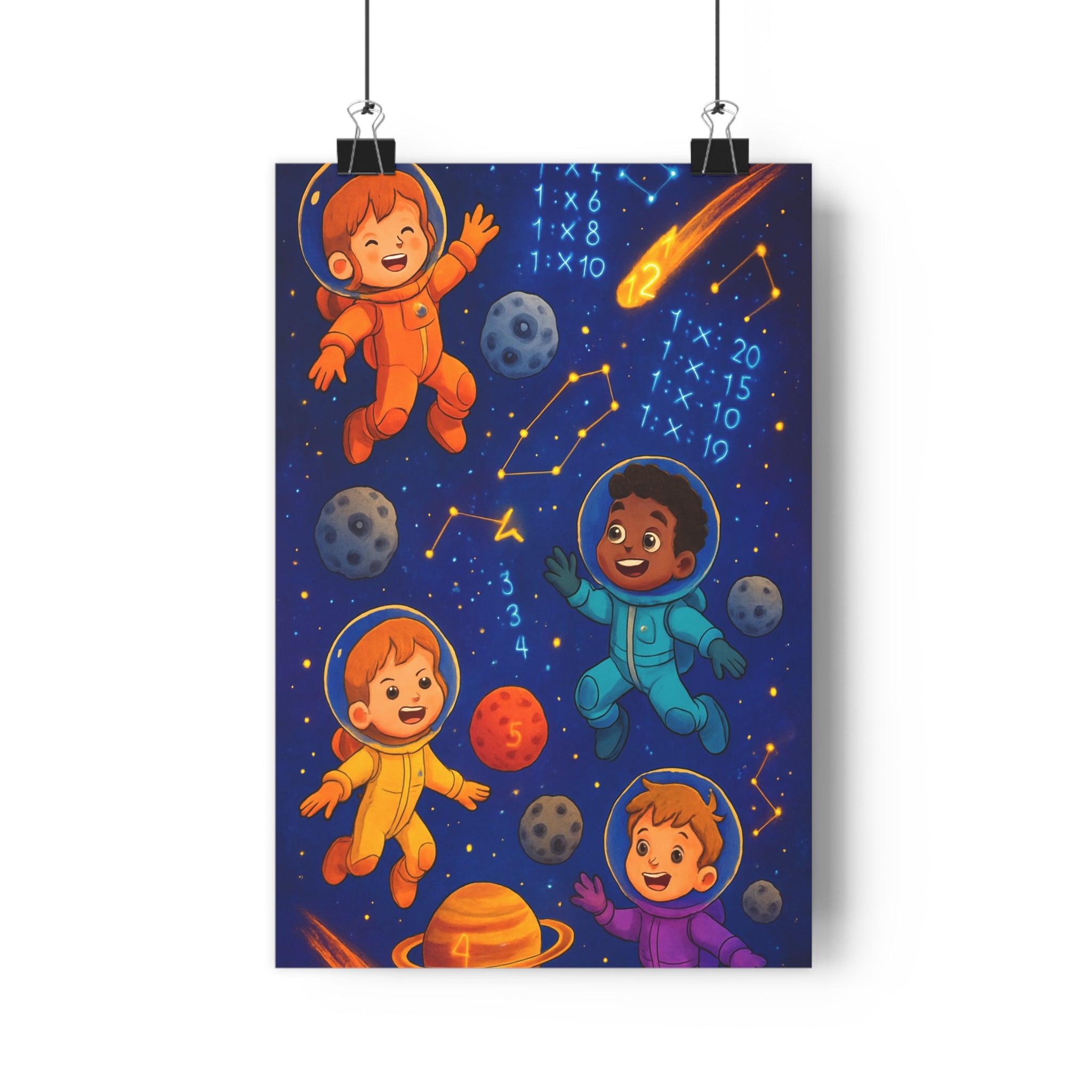Poster décoratif éducatif enfants ludique galactique cartoon coloré bleu espace chambre multiplication créativité flottante