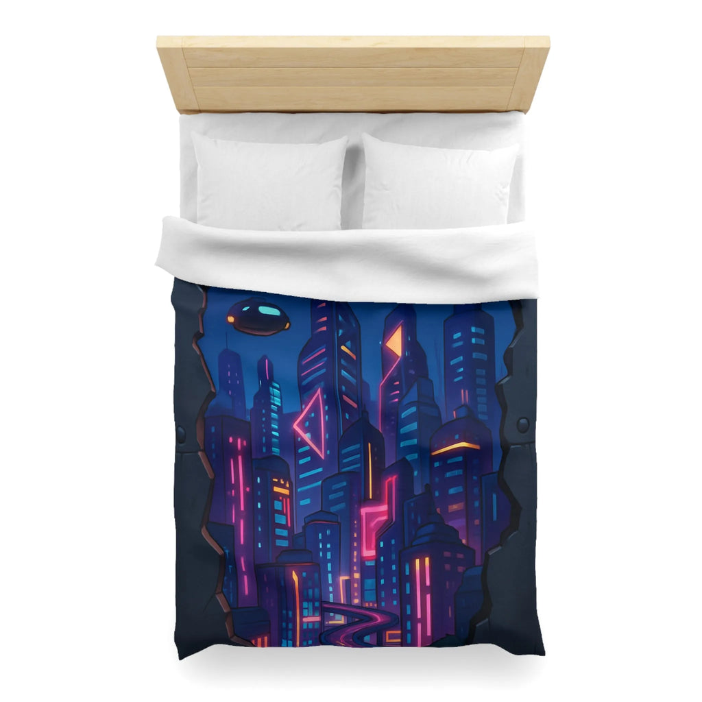Housse de couette futuriste avec ville néon et vaisseaux spatiaux illuminés
