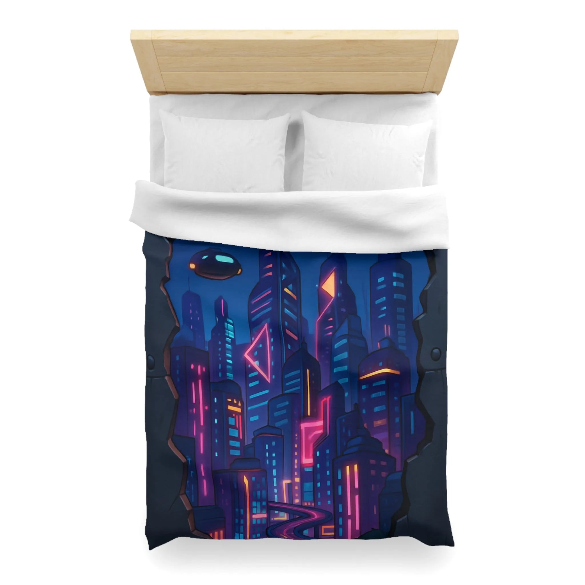 Housse de couette futuriste avec ville néon et vaisseaux spatiaux illuminés
