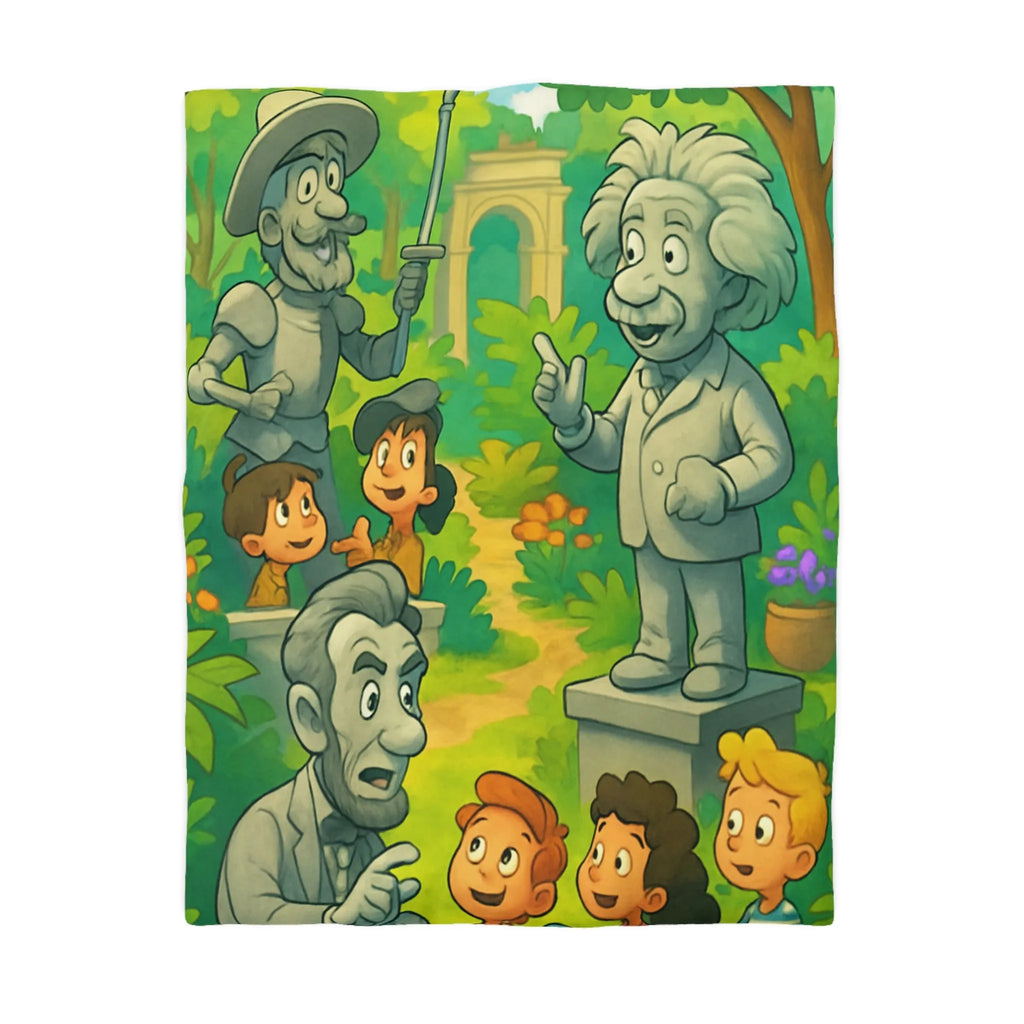 Housse de couette illustrée avec personnages historiques et enfants dans un jardin coloré