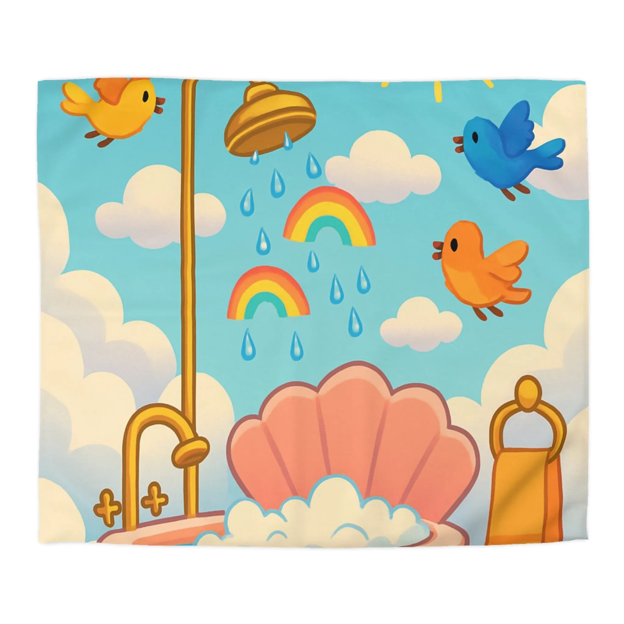 Housse de couette colorée enfants bain nuages pluie arc-en-ciel oiseaux soleil