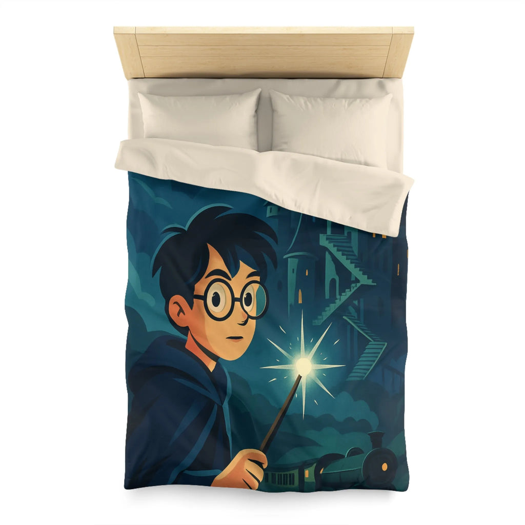 Housse de couette magique avec garçon, château mystérieux et train dans la nuit étoilée