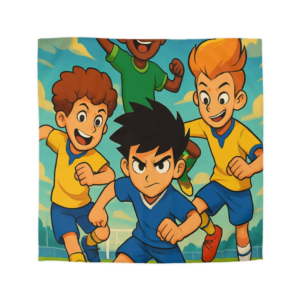 Housse de couette football enthousiaste pour enfants avec joueurs en action et ciel bleu