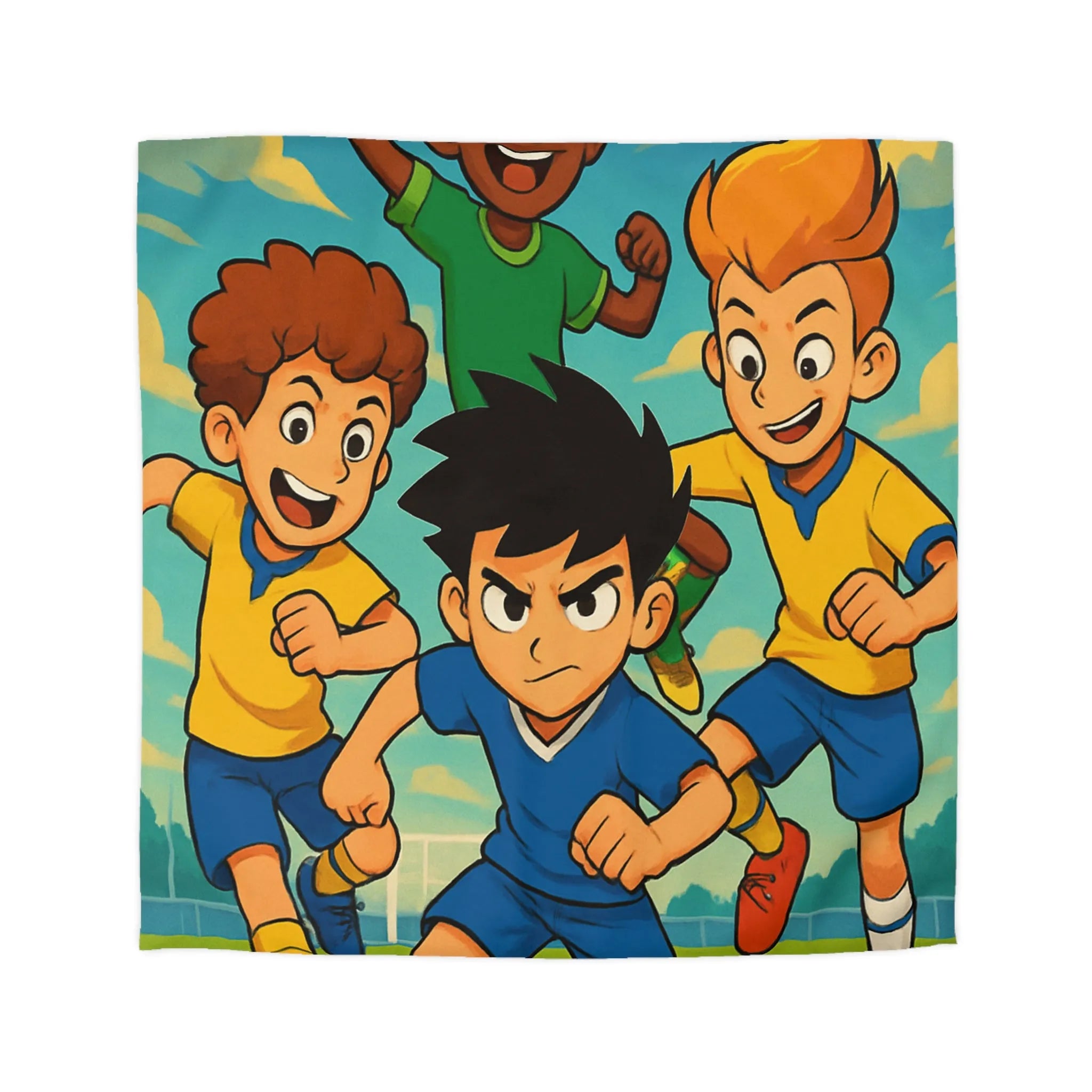 Housse de couette football enthousiaste pour enfants avec joueurs en action et ciel bleu