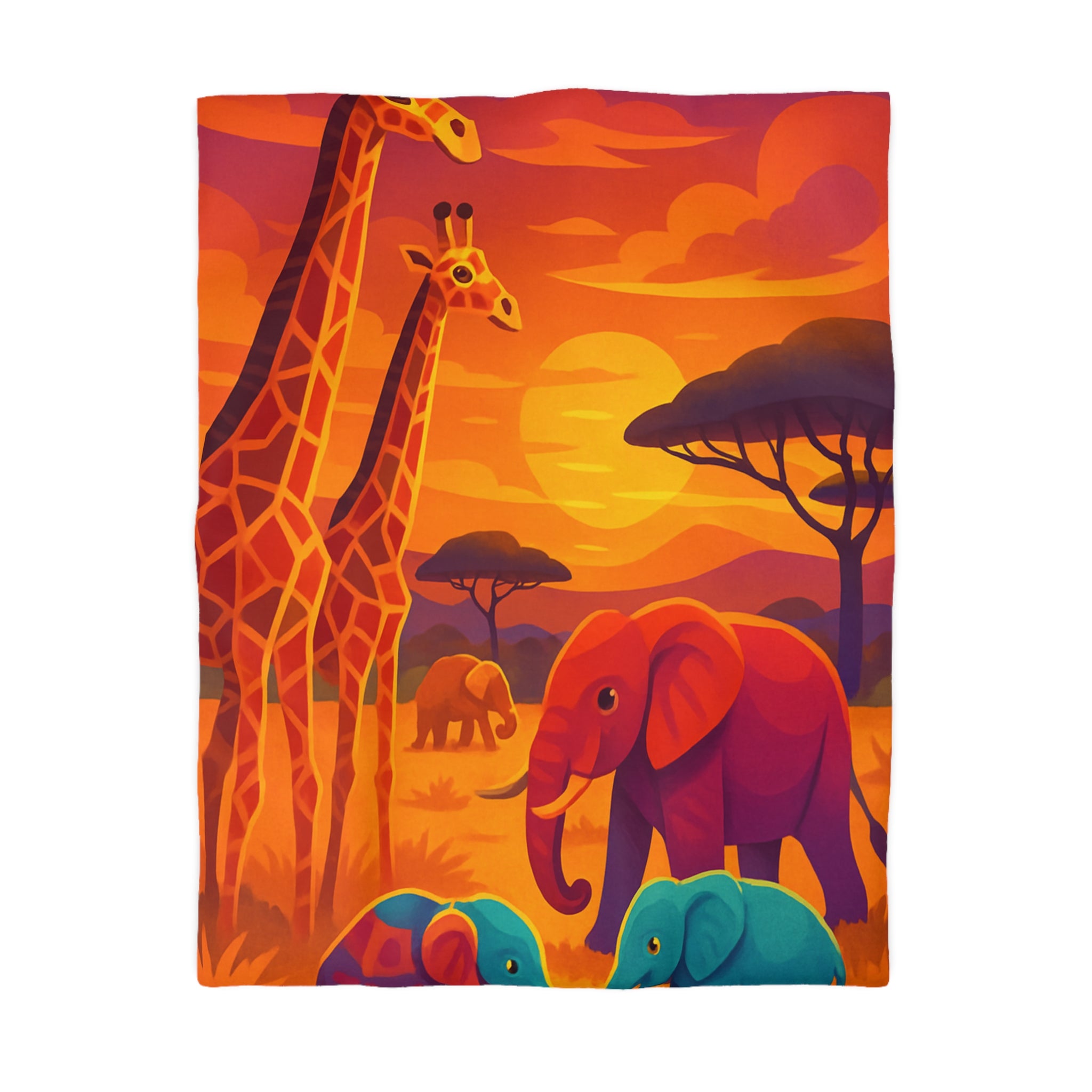 Housse de couette savane colorée avec éléphants et girafes sous coucher de soleil