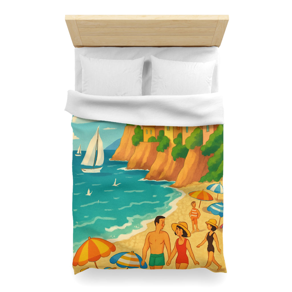 Housse de couette plage méditerranéenne avec paysages colorés et vacanciers ensoleillés