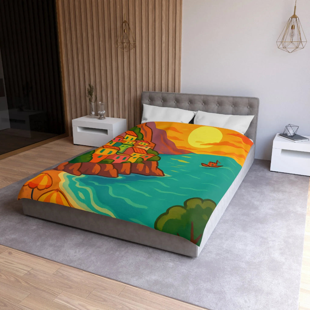 Housse de couette avec paysage côtier éclatant sous coucher de soleil vibrant et artistique