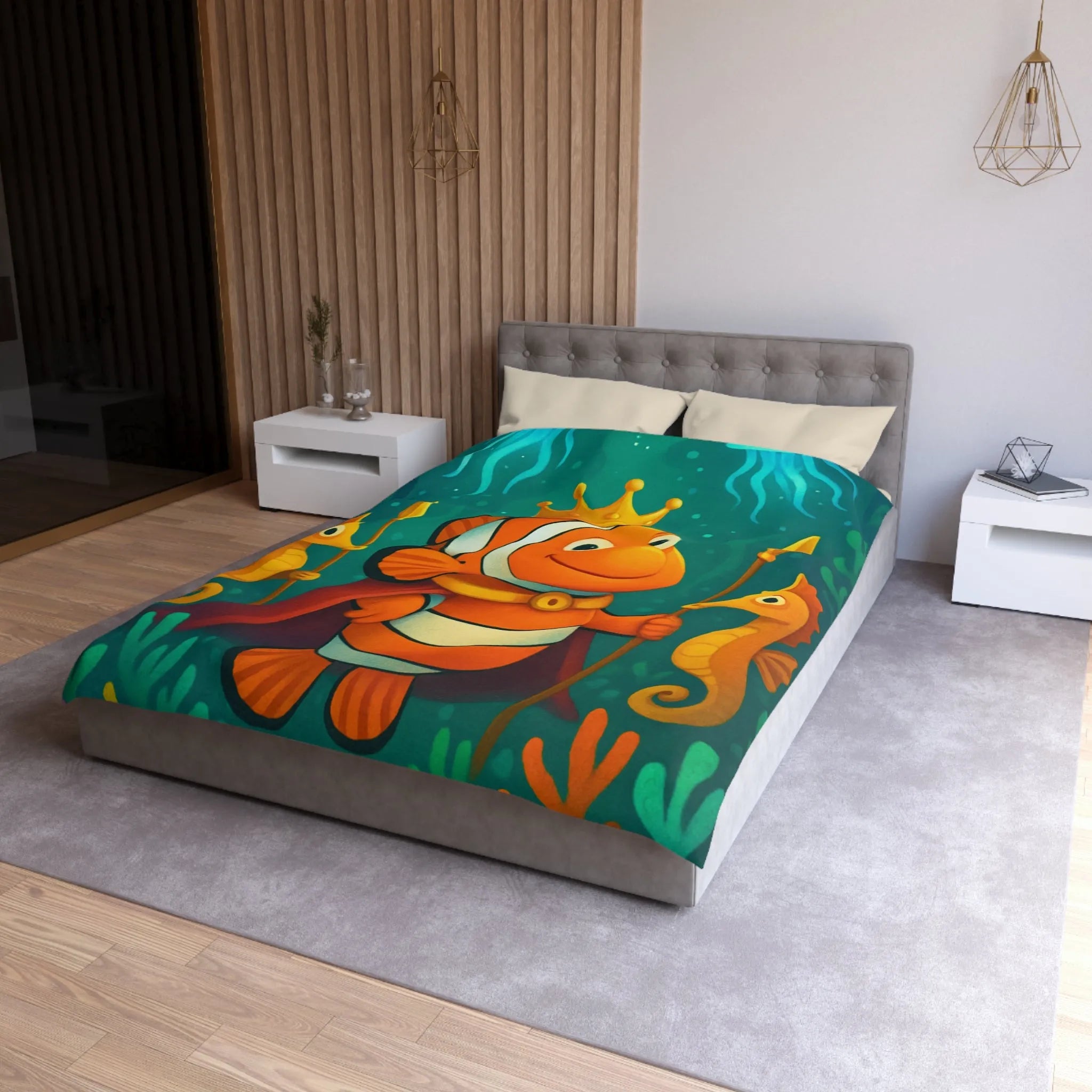 Housse de couette enfant joyeuse poisson clown roi et hippocampes joueurs aquatiques