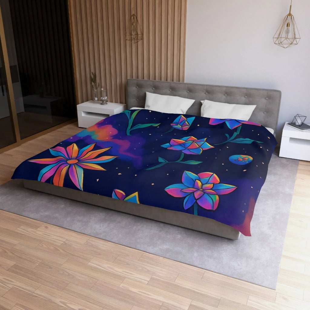 Housse de couette avec des fleurs géométriques aux couleurs cosmiques dans l'espace étoilé