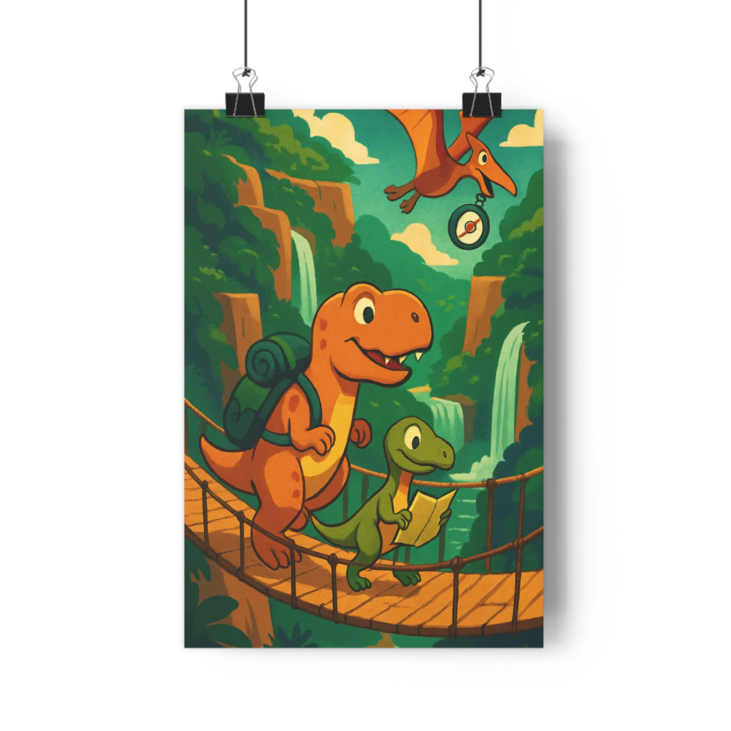 Poster décoratif aventure jungle coloré orange vert cartoon enfant chambre exploration dinosaure captivant vibrant