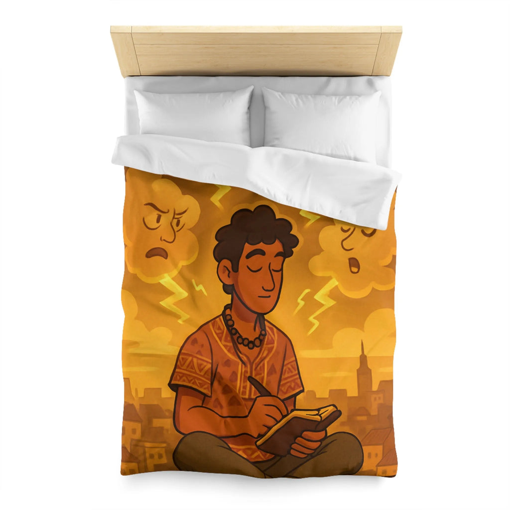 Housse de couette artistique avec motif méditatif, nuageux et expressions émotionnelles illustrées