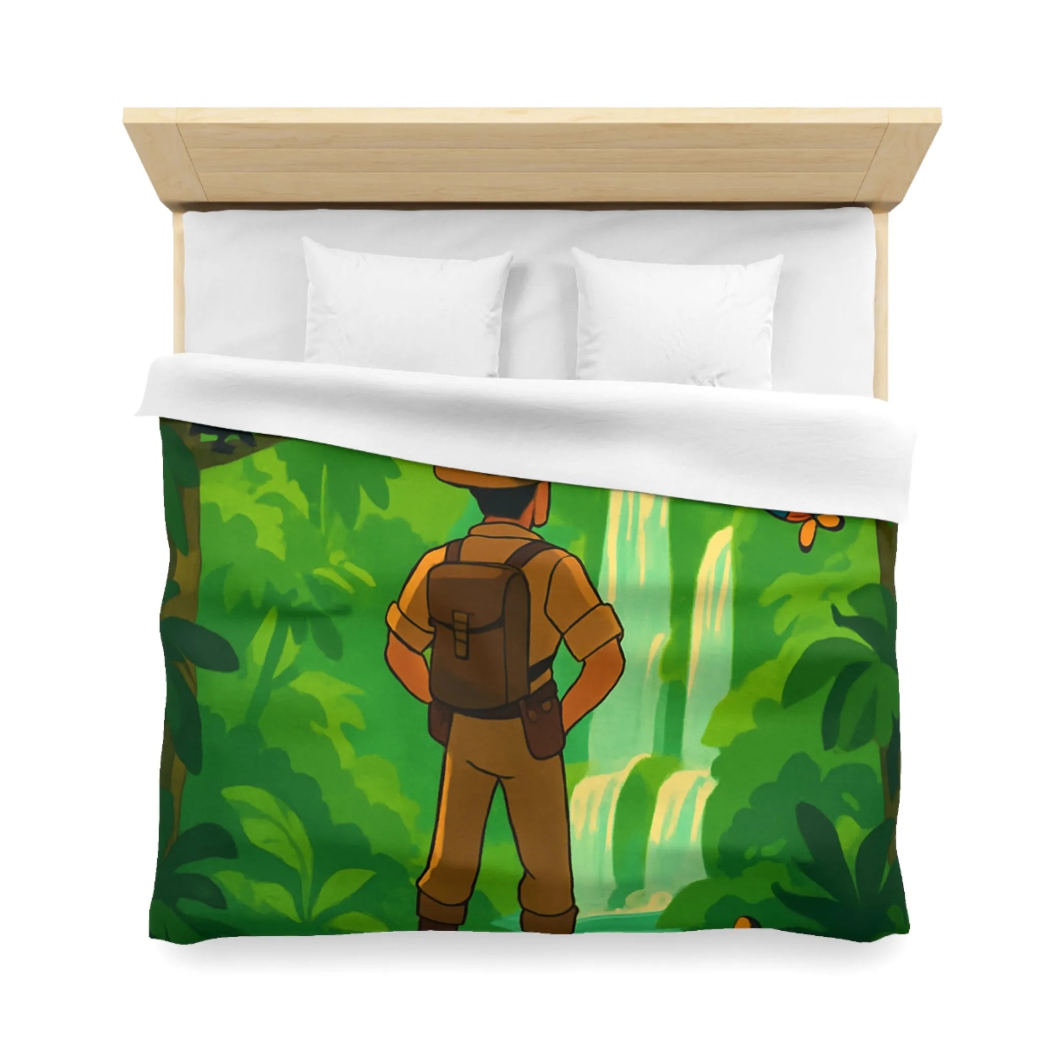 Housse de couette jungle exotique avec explorateur, toucan et paysages luxuriants