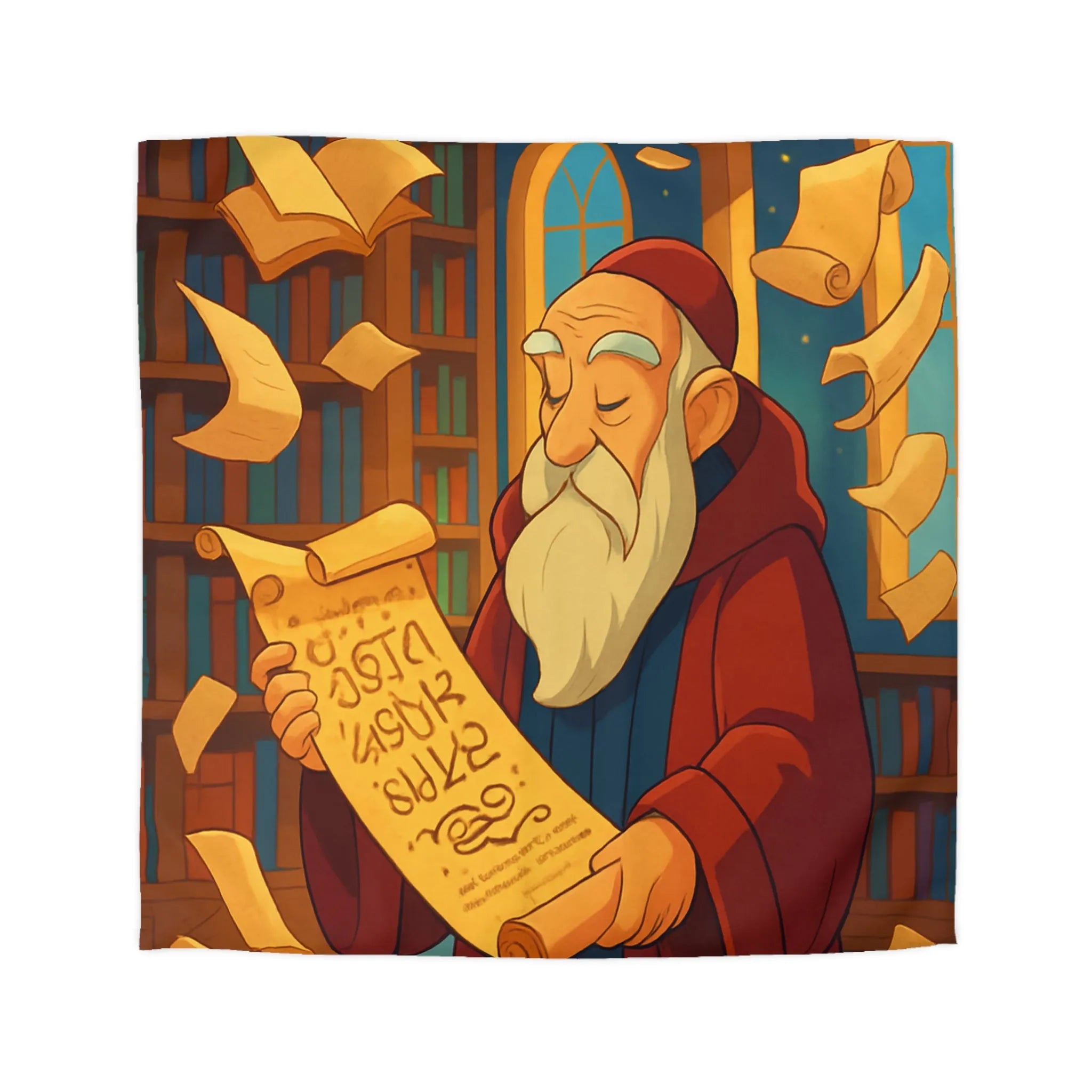 Housse de couette élégante avec design de bibliothèque, parchemins et sage en robe rouge