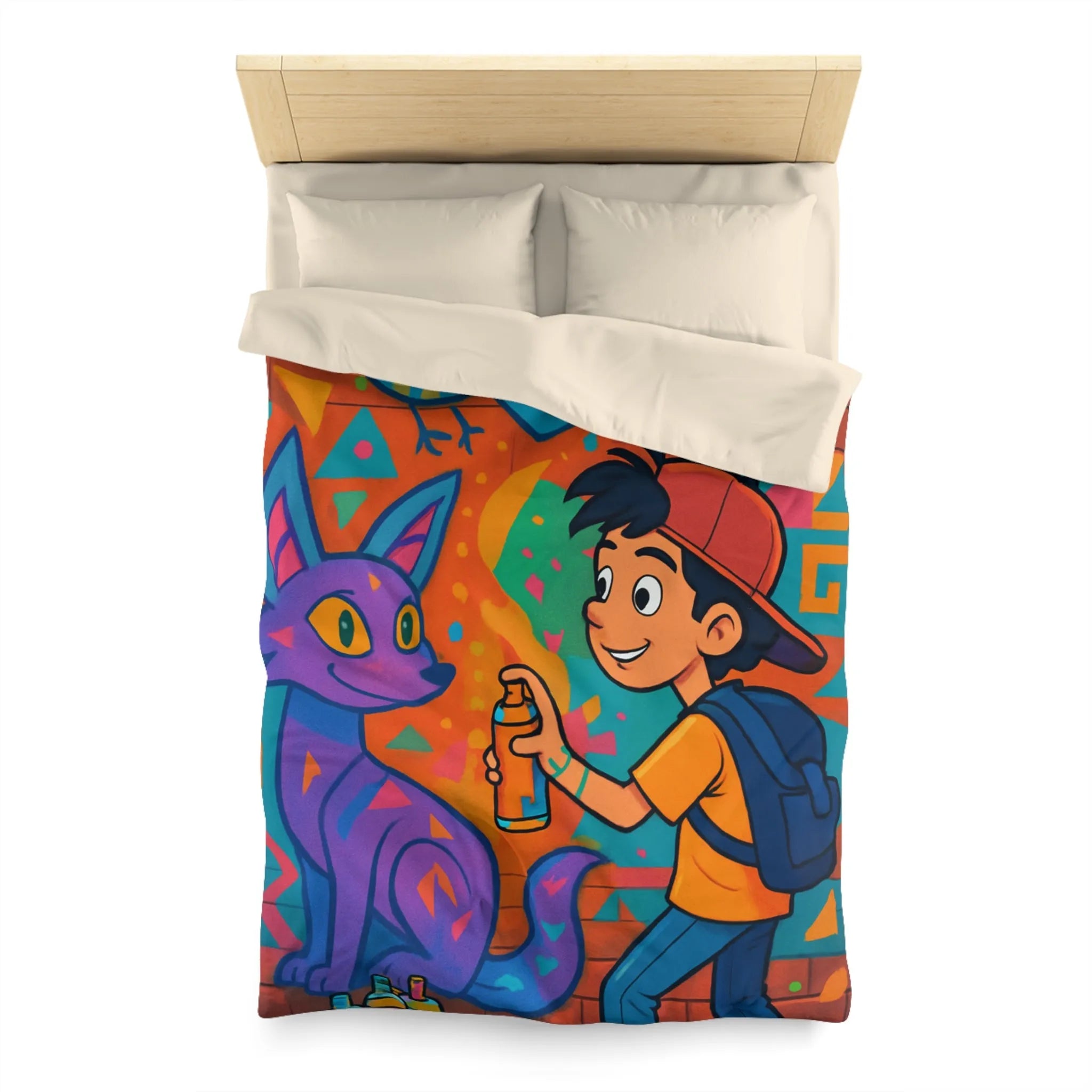 Housse de couette colorée pour enfant avec motifs graffiti et animaux urbains