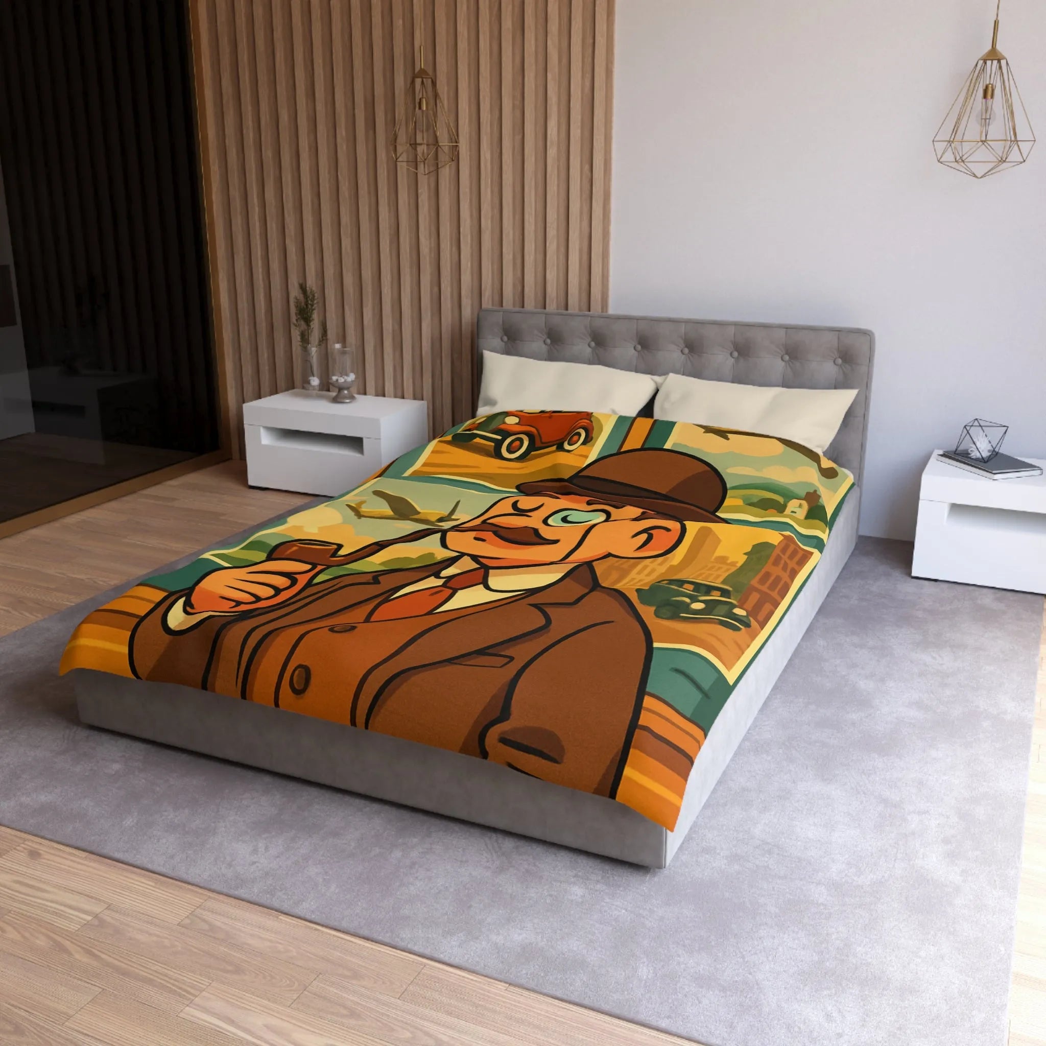 Élégant Gentleman Vintage avec Moustache et Monocle devant Affiches de Voiture et Avion