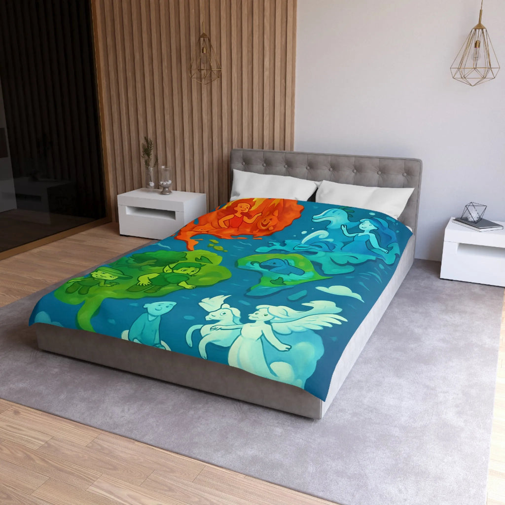 Housse de couette colorée avec illustration ludique des éléments naturels en harmonie