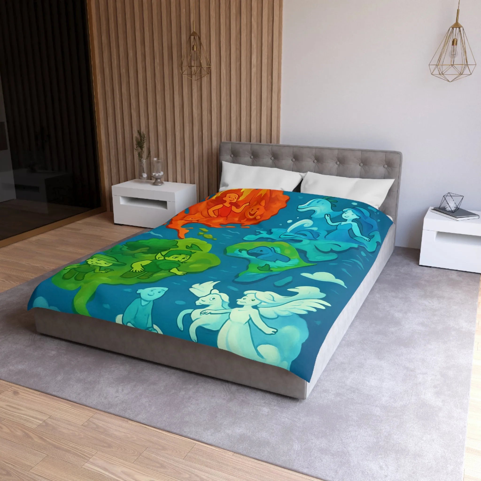 Housse de couette colorée avec illustration ludique des éléments naturels en harmonie