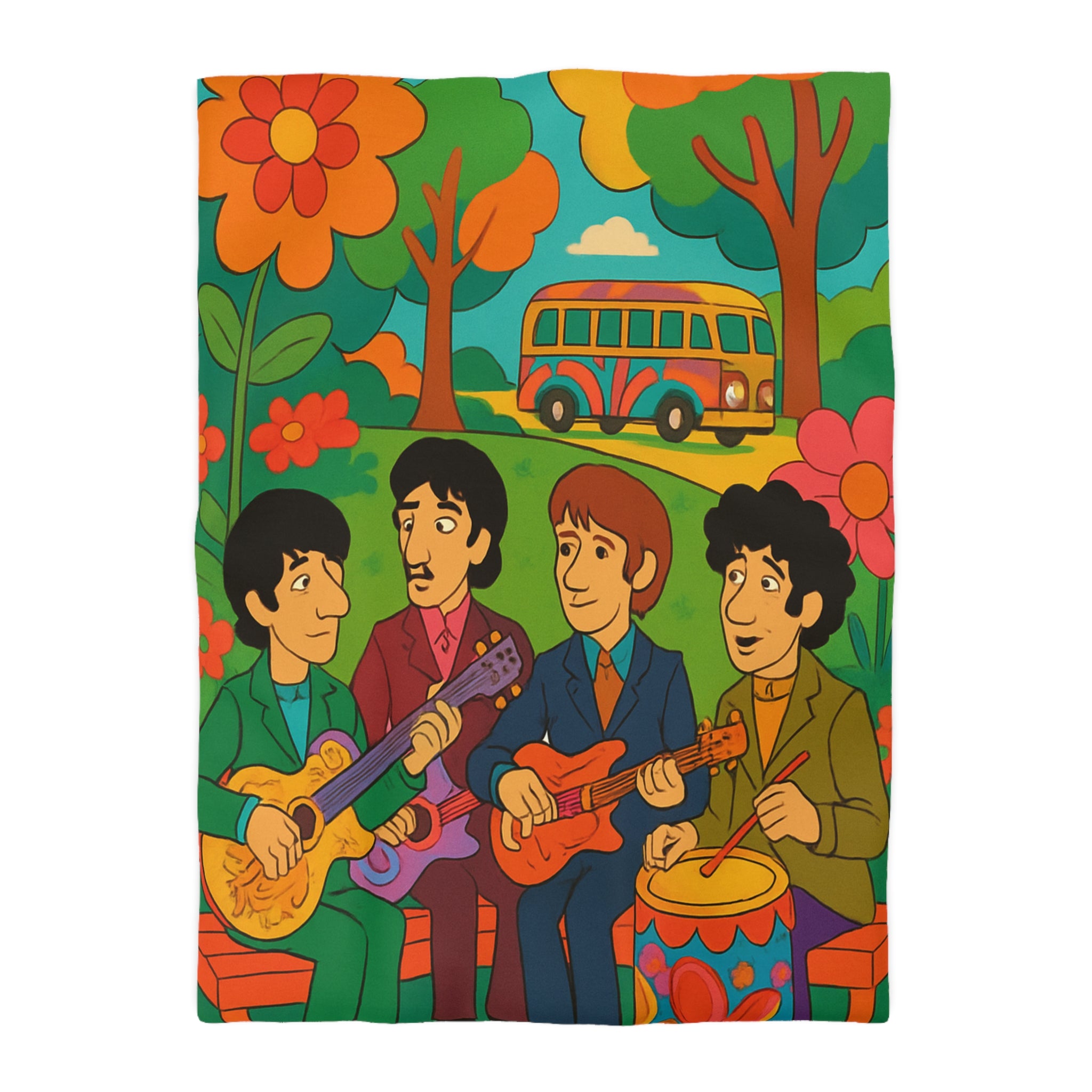 Housse de couette rétro colorée inspirée d'un groupe de musiciens animés en plein air