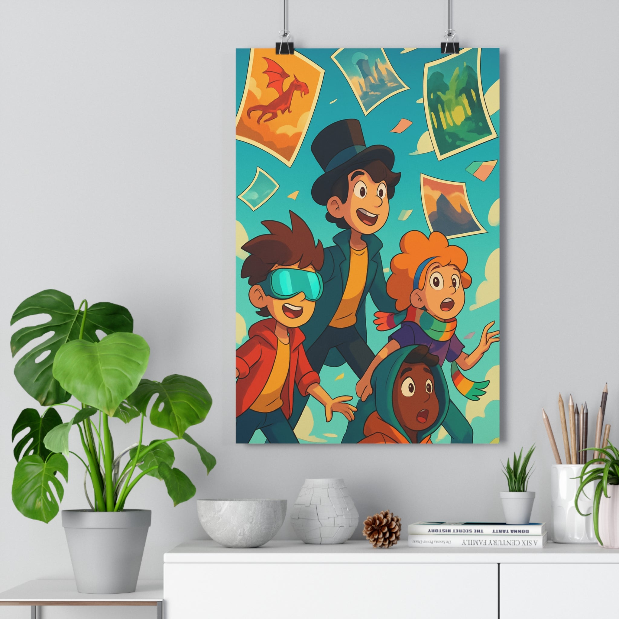 Poster décoratif cartoon enfants aventure joyeux chambre ludique bleu orange format 30x46 moderne vibrant