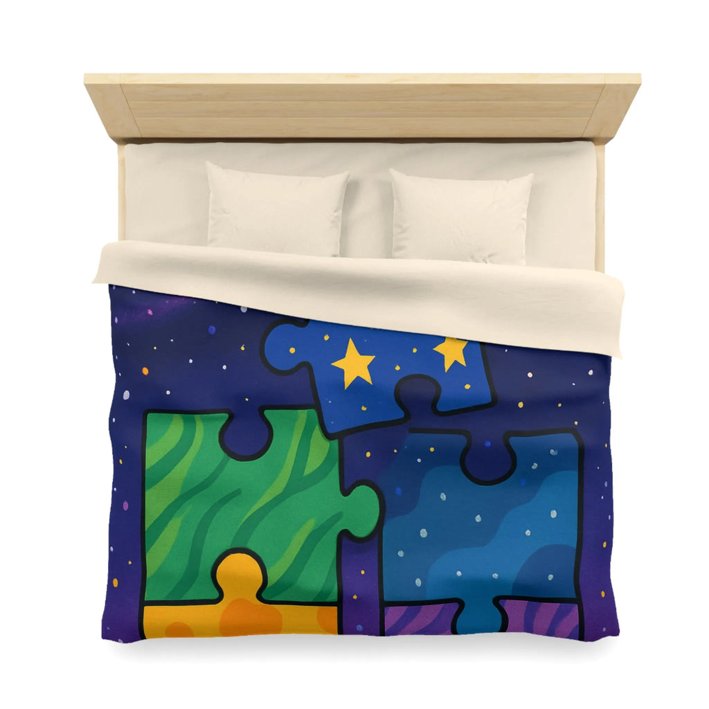 Housse de couette colorée avec motifs puzzle vibrants et design cosmique étoilé