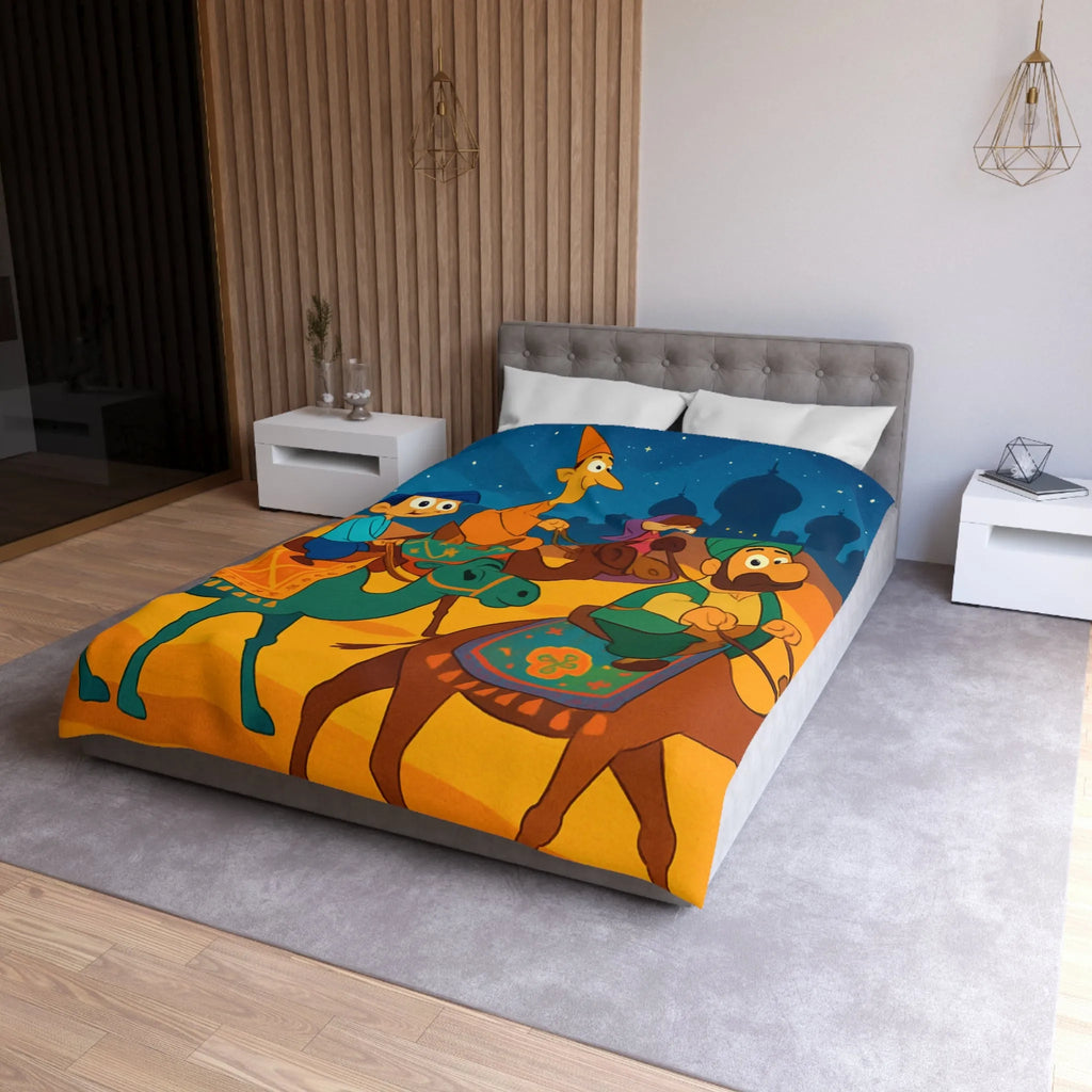 Housse de couette illustrée des enfants et chameaux sous un ciel étoilé magique